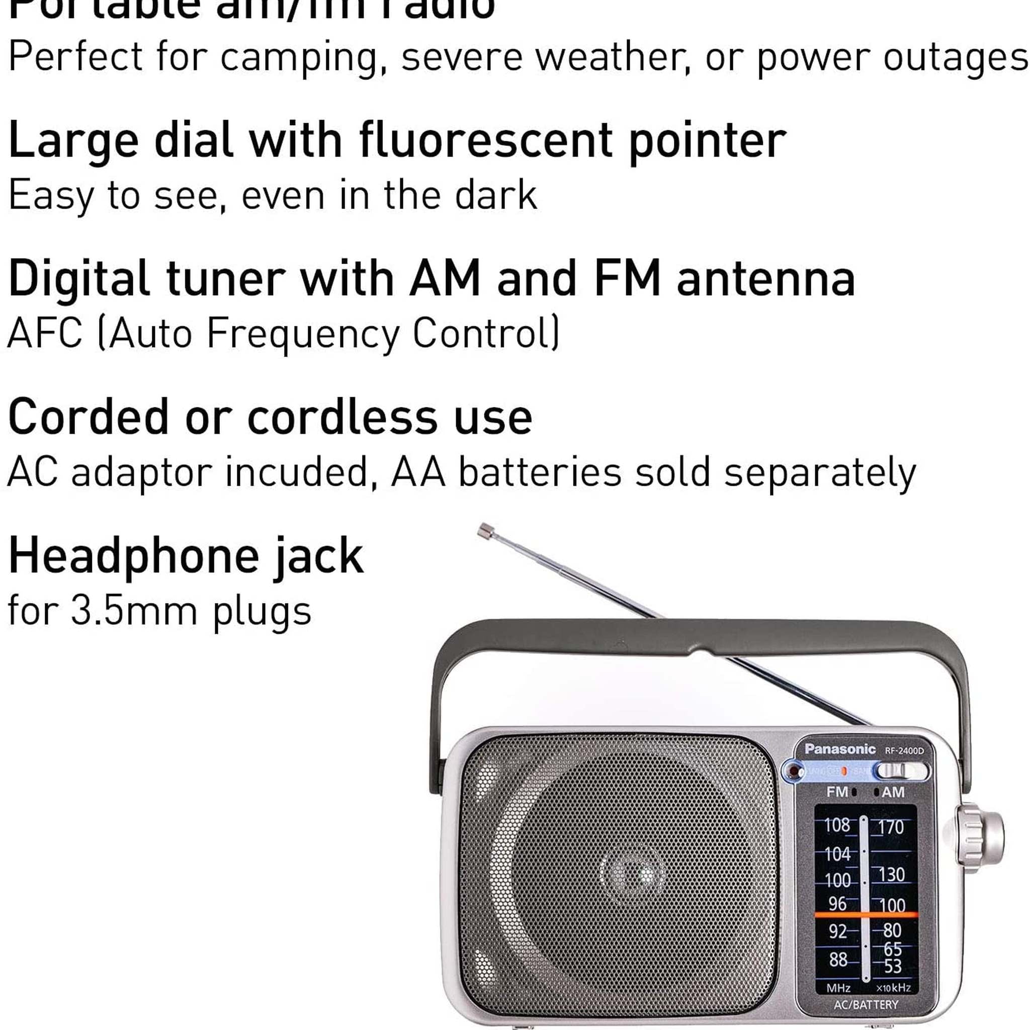 Panasonic Portable AM/FM Radio Silver + AA Batteries + Wired Headphones + Cloth Bundle Panasonic