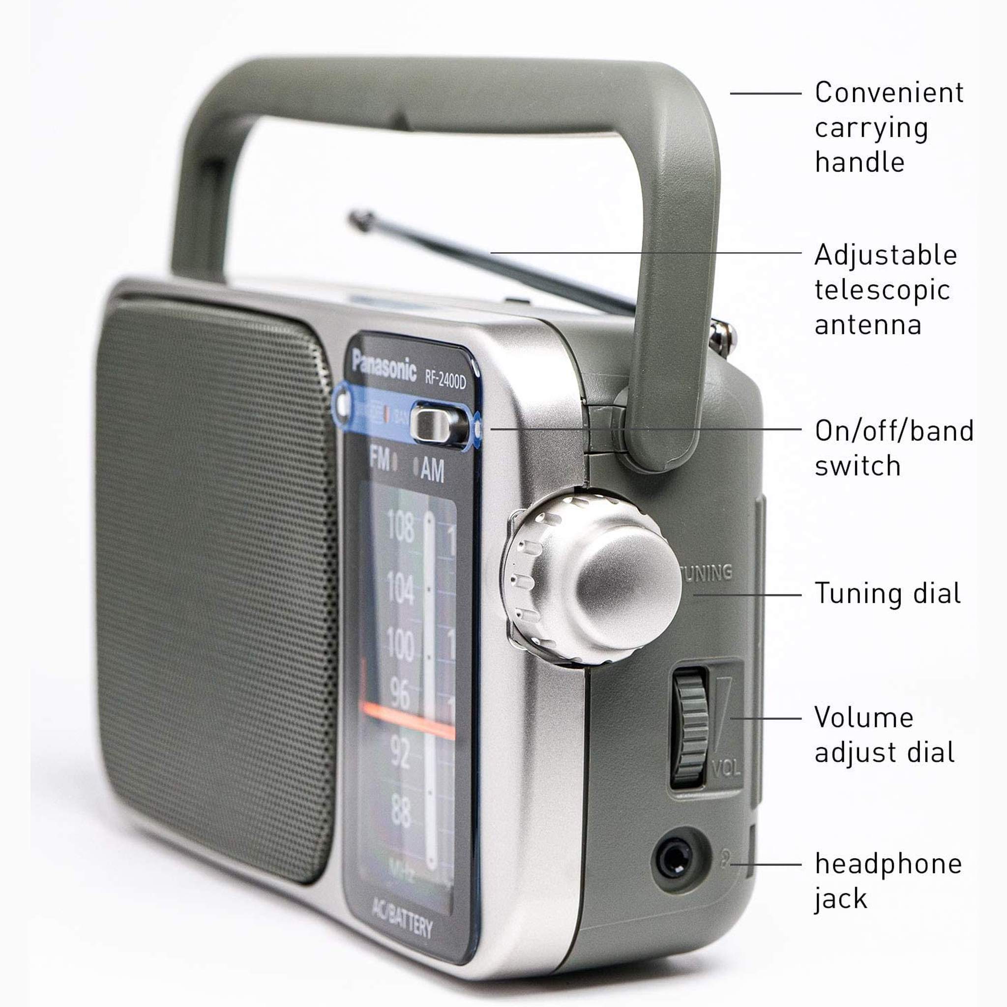 Panasonic Portable AM / FM Radio Silver + 4x AA Batteries With Charger + Cloth Bundle Panasonic