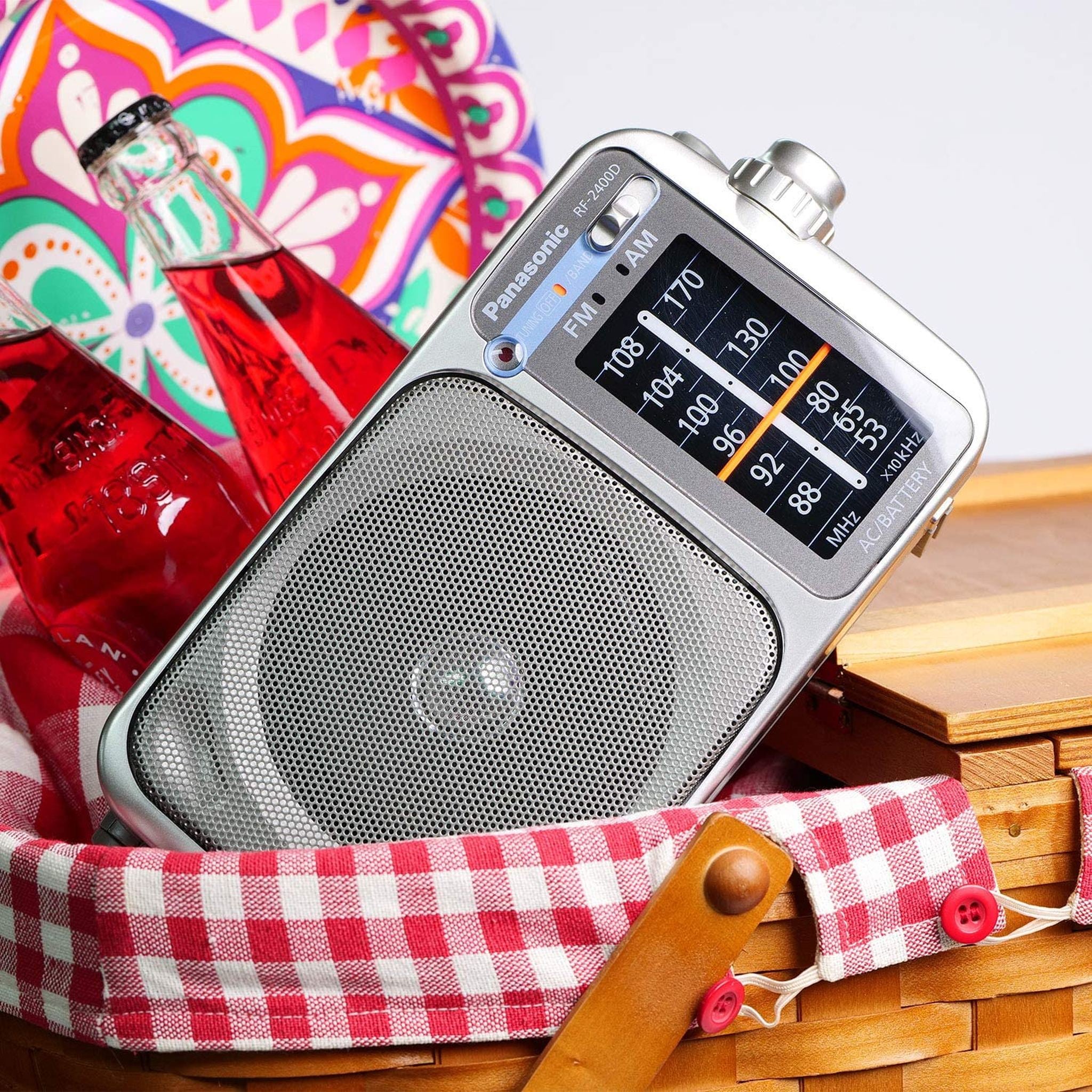 Panasonic Portable AM/FM Radio Silver + AA Batteries + Wired Headphones + Cloth Bundle Panasonic