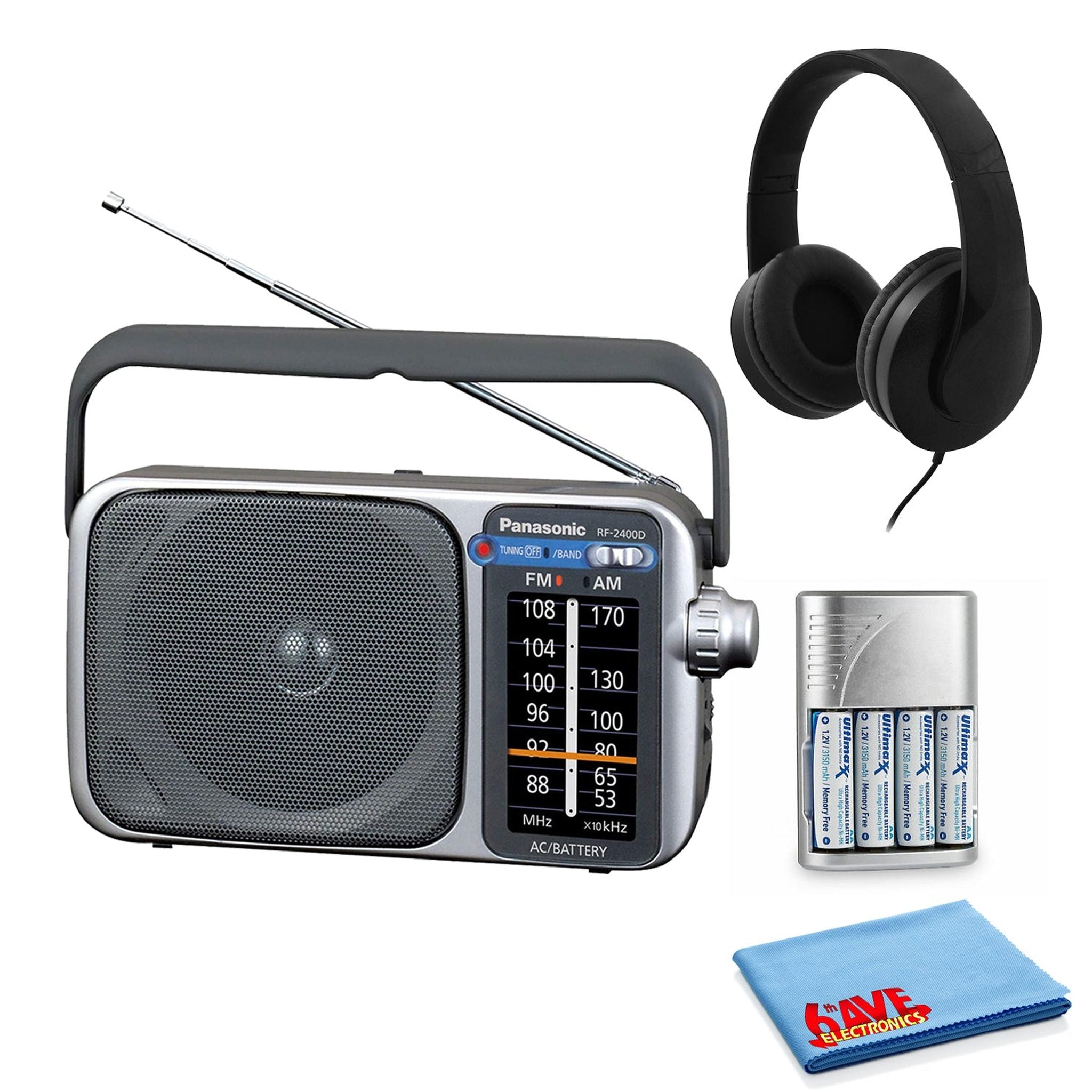 Panasonic Portable AM/FM Radio Silver + AA Batteries + Wired Headphones + Cloth Bundle Panasonic