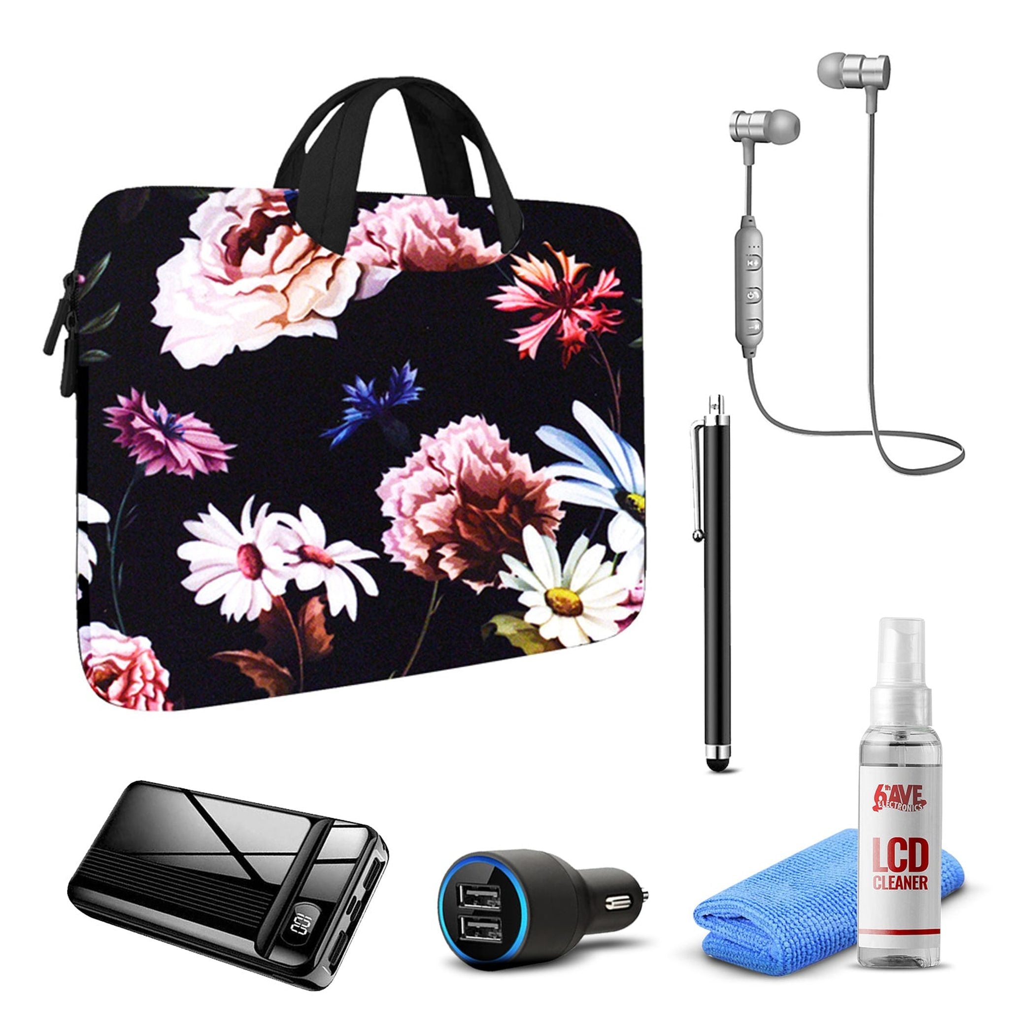 Tablet Travel Accessory Bundle with Black Floral Sleeve Digital Basics