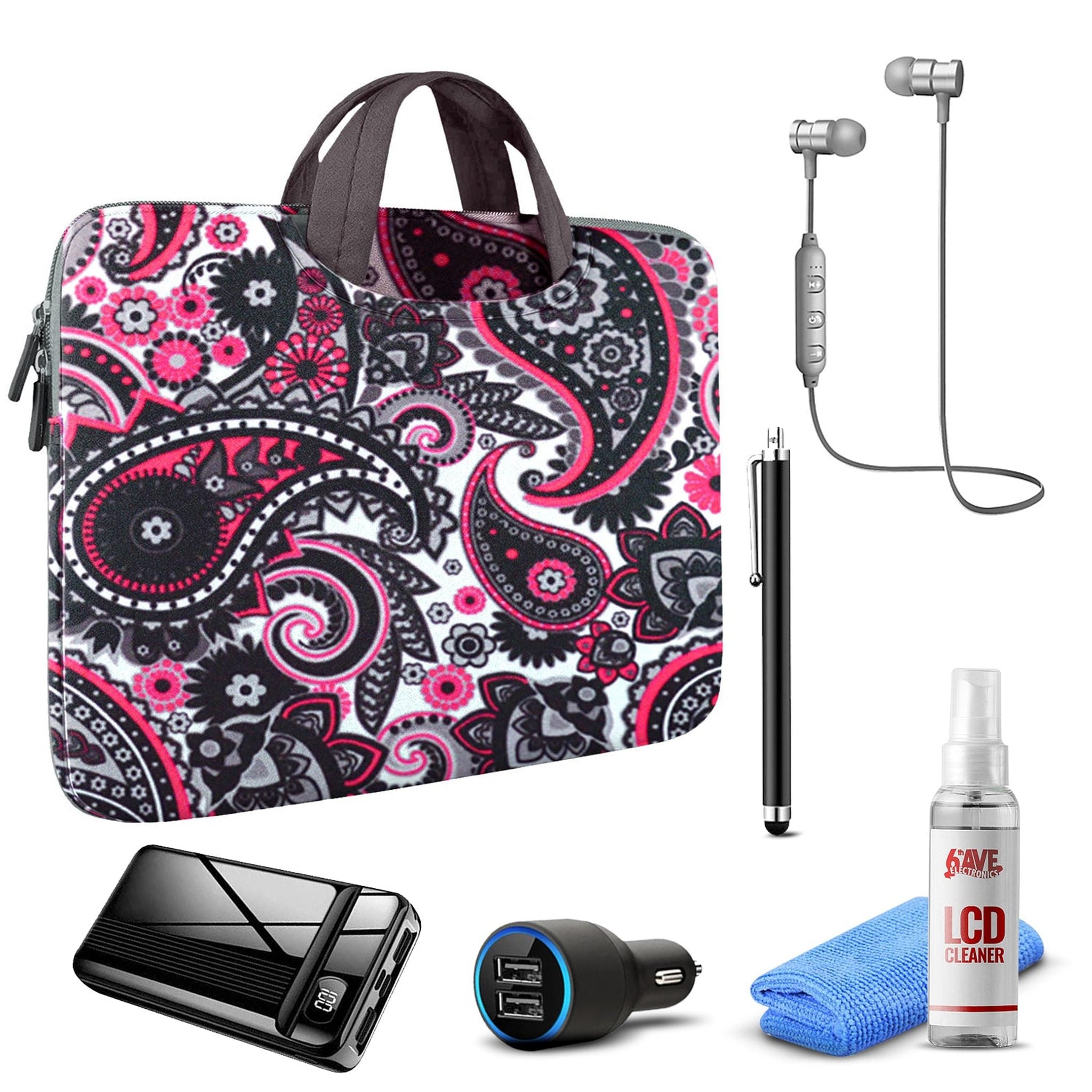 Tablet Travel Accessory Bundle with Black Paisley Sleeve Digital Basics