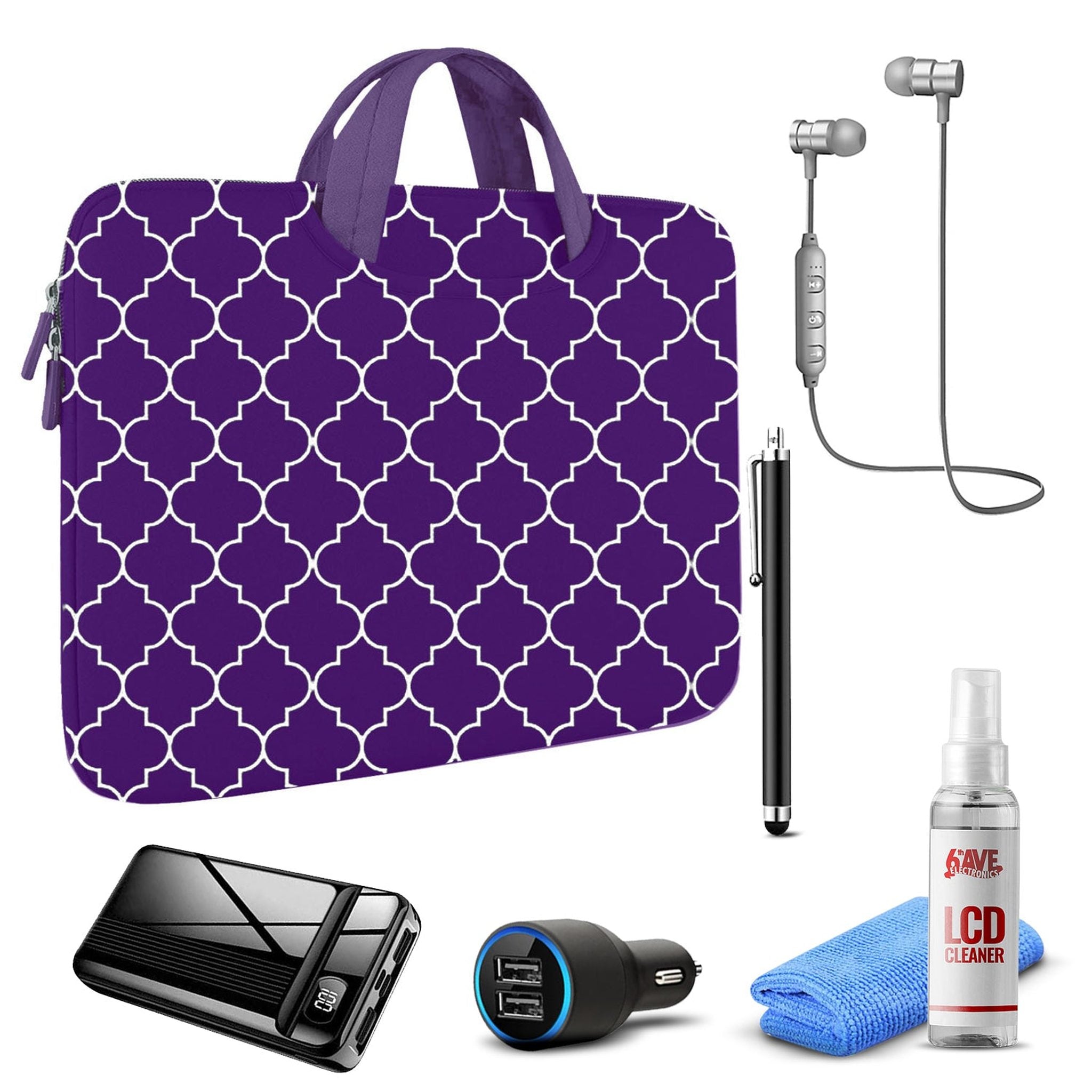 Tablet Travel Accessory Bundle with Purple Moroccan Sleeve Digital Basics