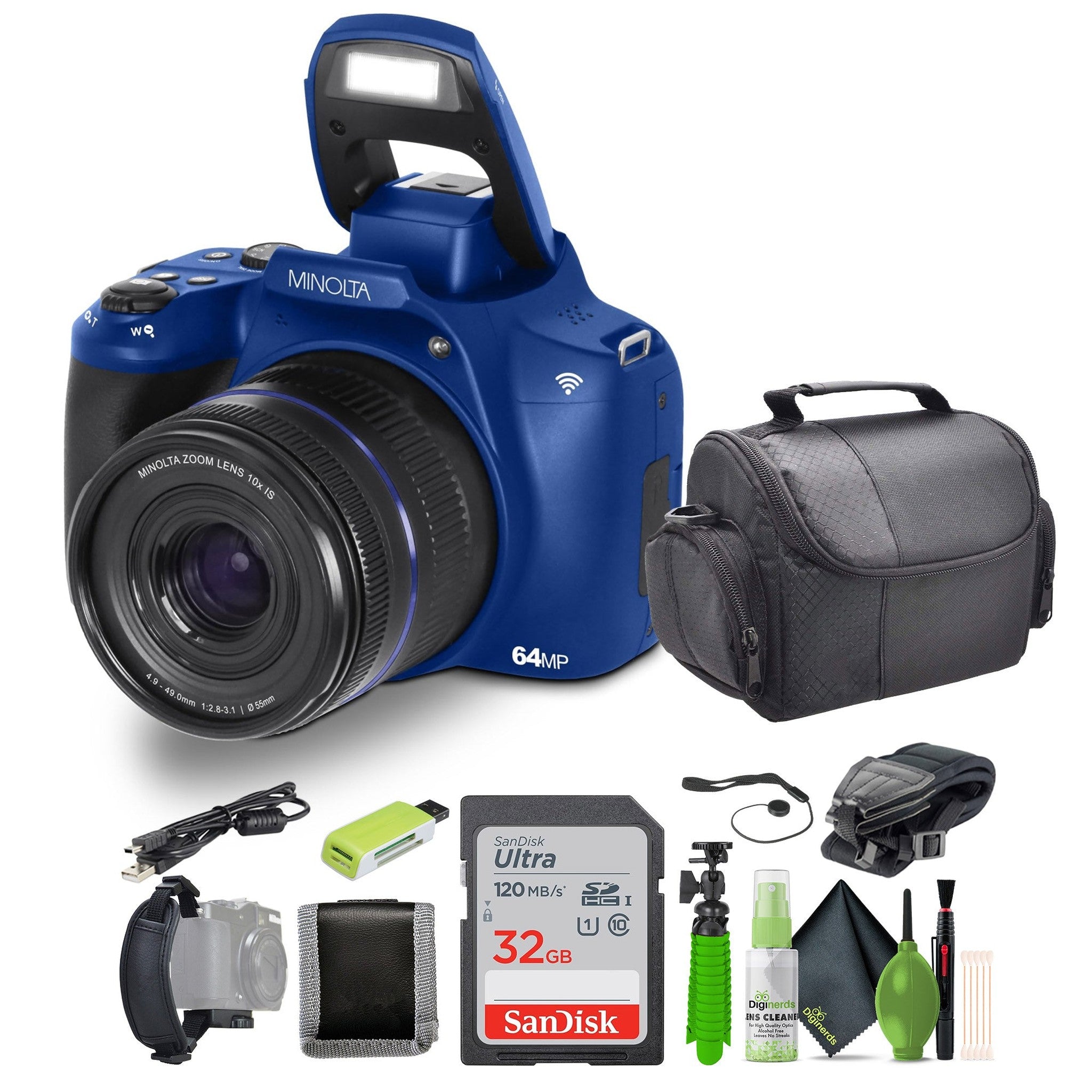 Minolta 64 Mega Pixels Auto Focus Digital Camera 4K Ultra HD Video Blue - Bundle Minolta