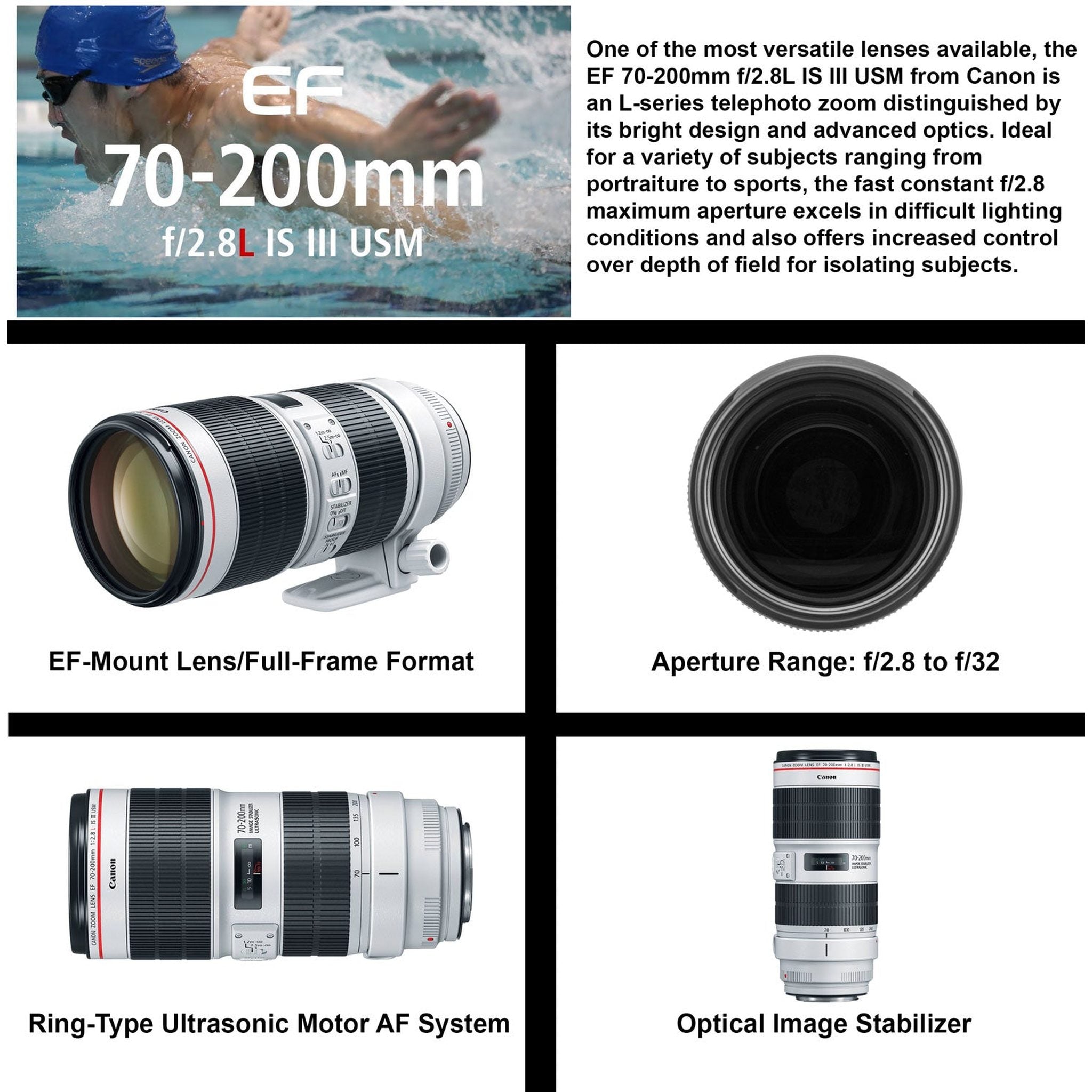 Canon EF 70-200mm f/2.8L IS III USM Lens 3044C002 with Bundle Includes: 9PC Filter Kit, Sandisk 64GB SD + More Canon