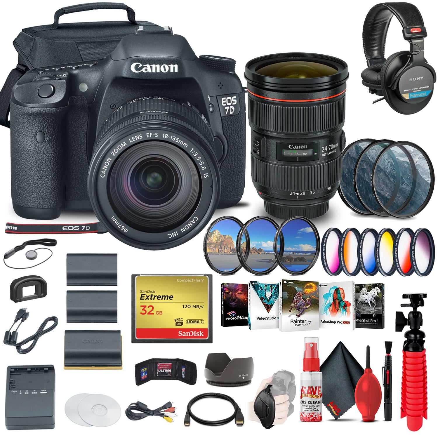 Canon EOS 7D DSLR Camera with 18-135mm Kit 3814B016 + EF 24-70mm Lens Advanced Bundle Canon