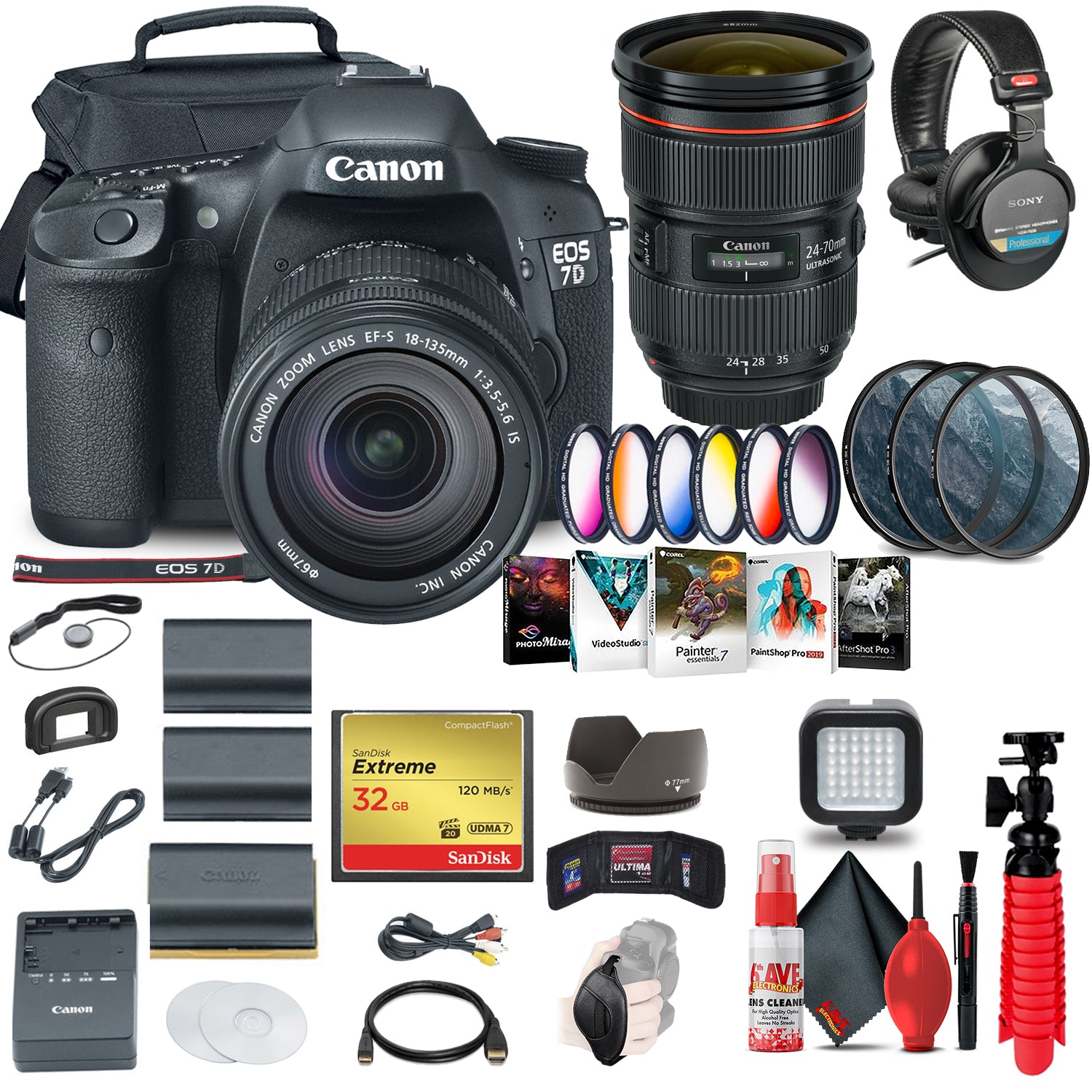 Canon EOS 7D DSLR Camera with 18-135mm Kit 3814B016 + EF 24-70mm Lens Ultimate Bundle Canon