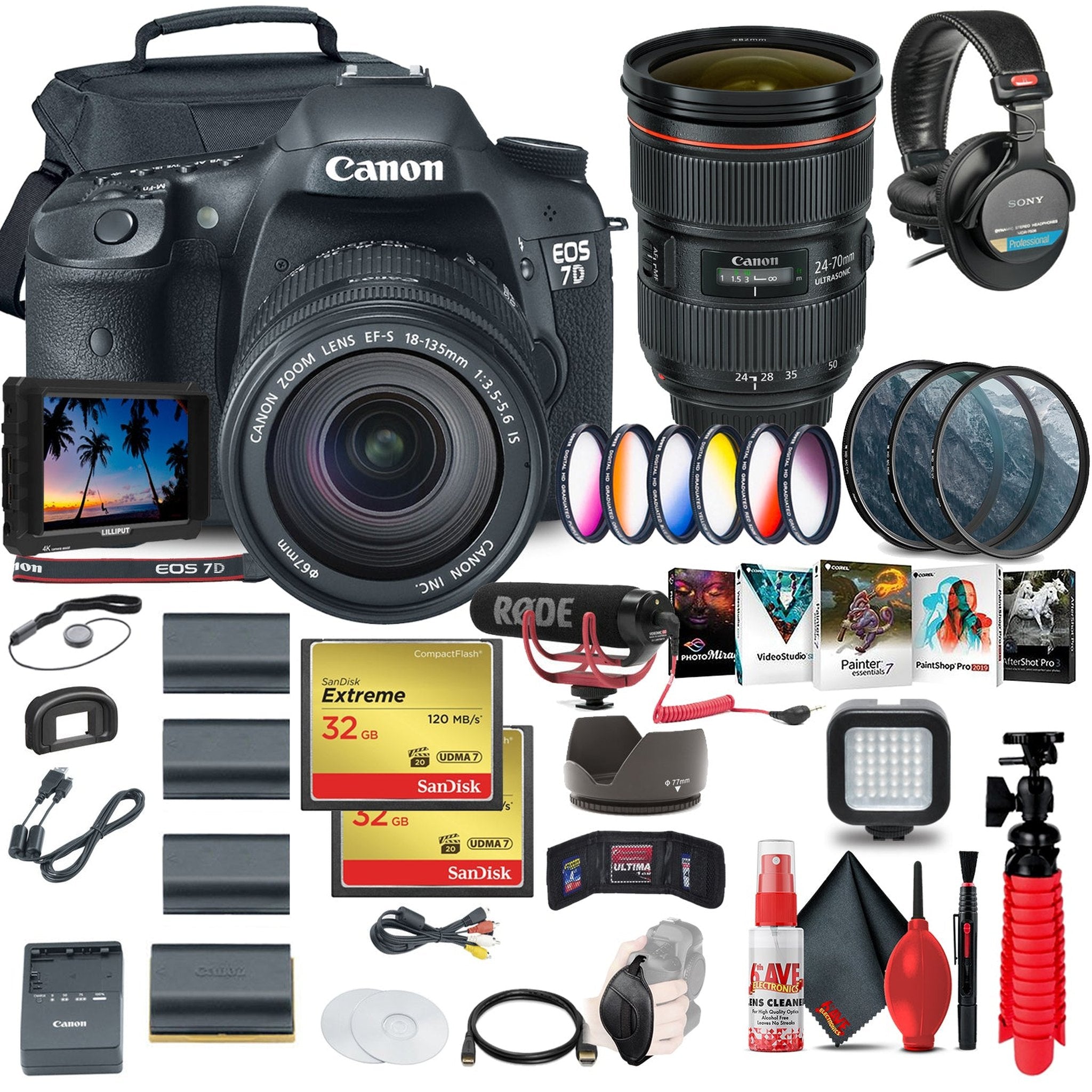 Canon EOS 7D DSLR Camera with 18-135mm Kit 3814B016 + 4K Monitor + More Canon