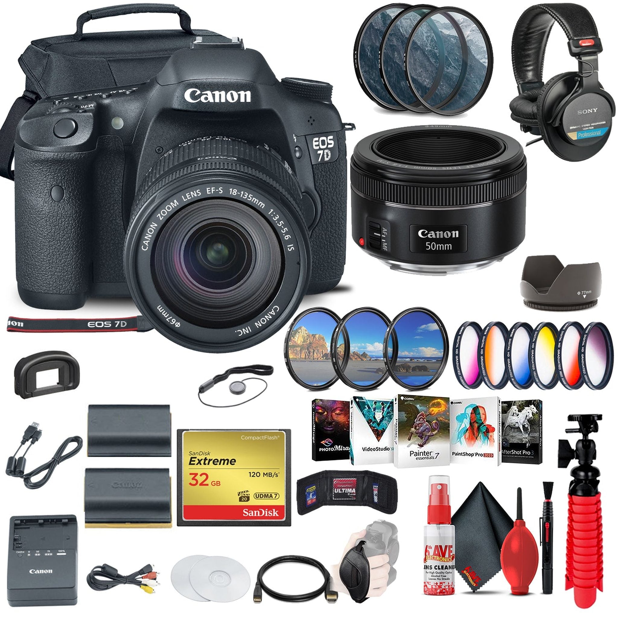 Canon EOS 7D DSLR Camera with 18-135mm Kit 3814B016 + EF 50mm Lens Advanced Bundle Canon