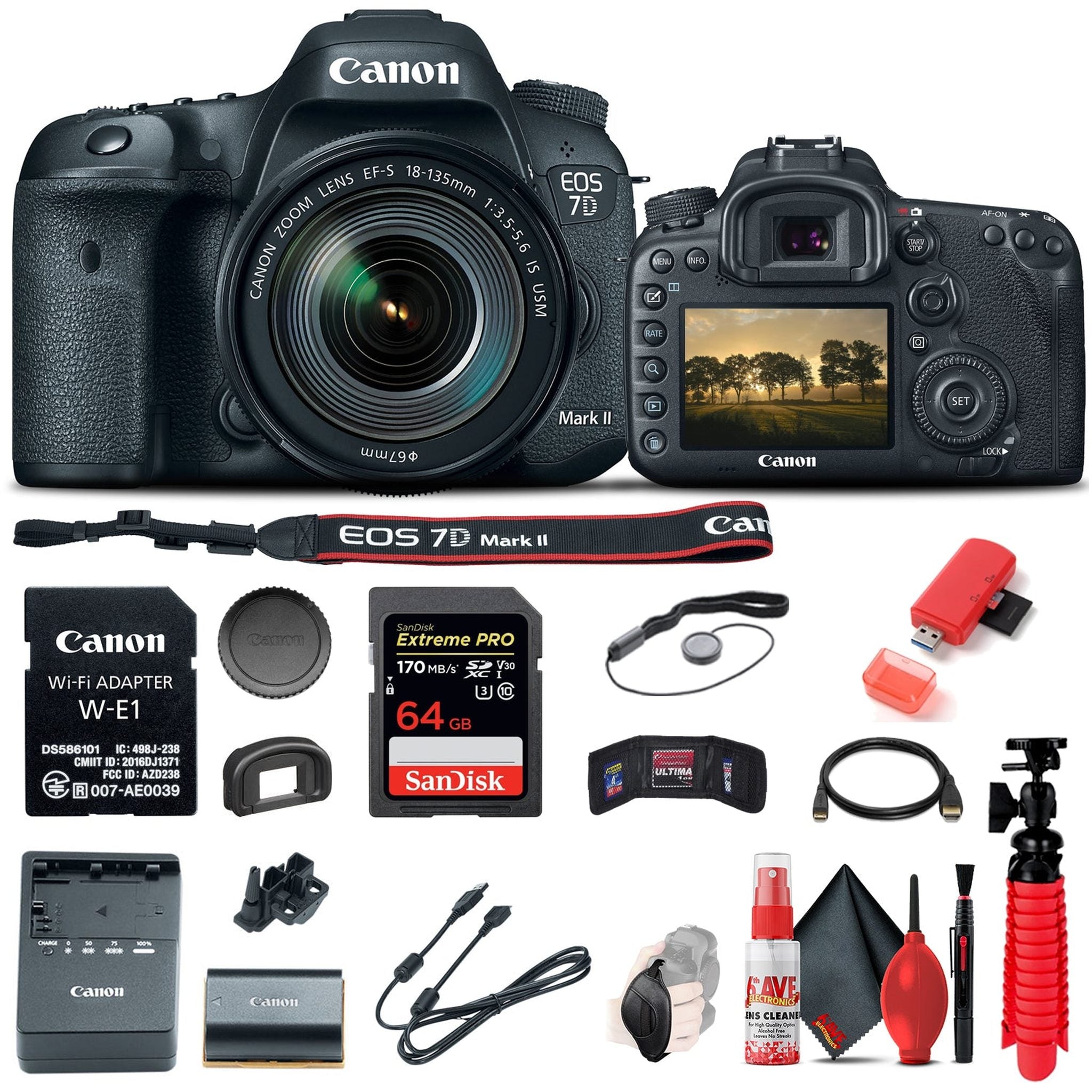 Canon EOS 7D Mark II DSLR Camera W/ 18-135mm f/3.5-5.6 IS USM Lens & W-E1 Base Bundle Canon