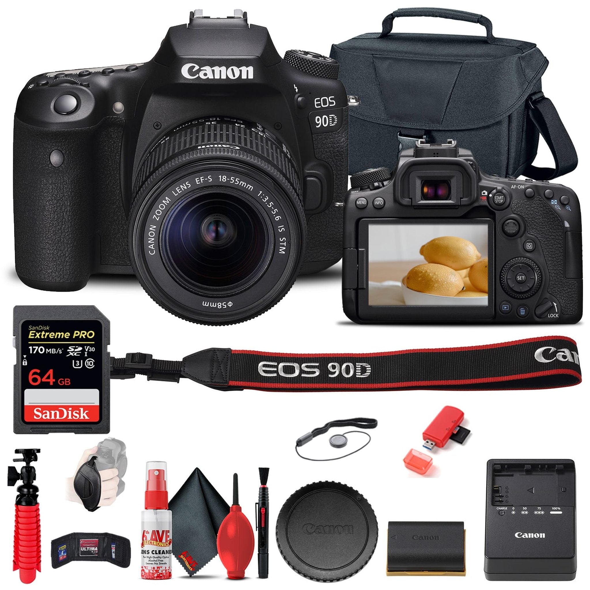 Canon EOS 90D DSLR Camera with 18-55mm Lens 3616C009 + 64GB Memory Card + Case Canon