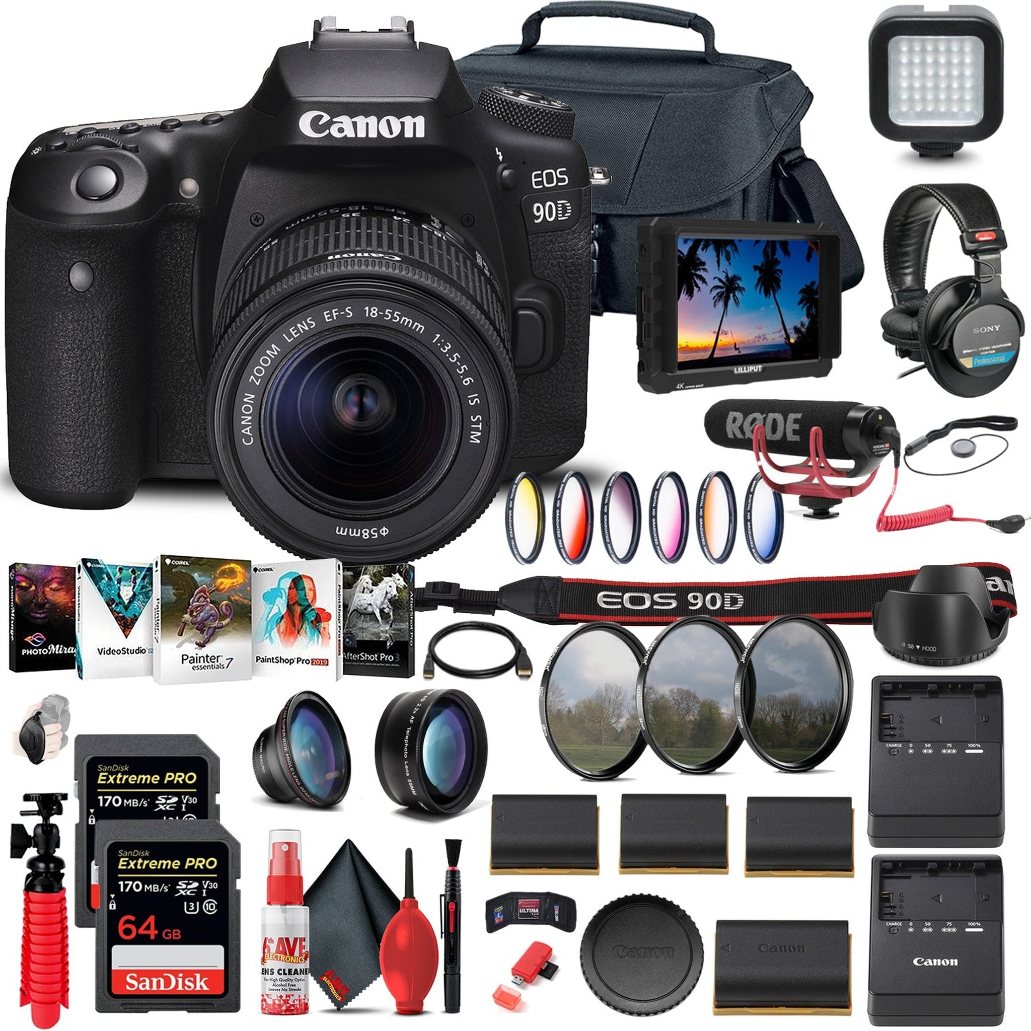 Canon EOS 90D DSLR Camera with 18-55mm Lens 3616C009 + 4K Monitor + Mic + More Canon