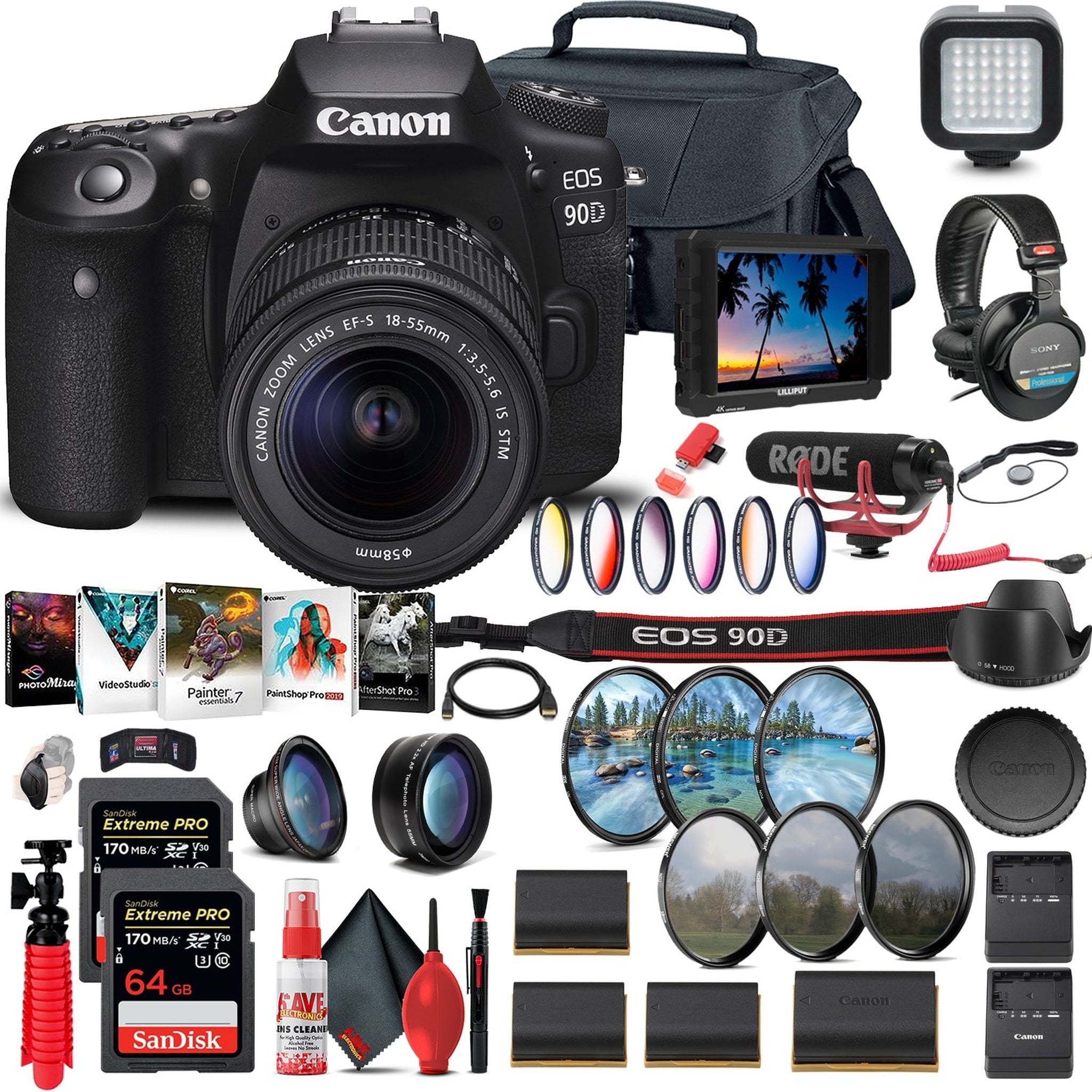 Canon EOS 90D DSLR Camera with 18-55mm 3616C009 + 4K Monitor + Lens + More Canon