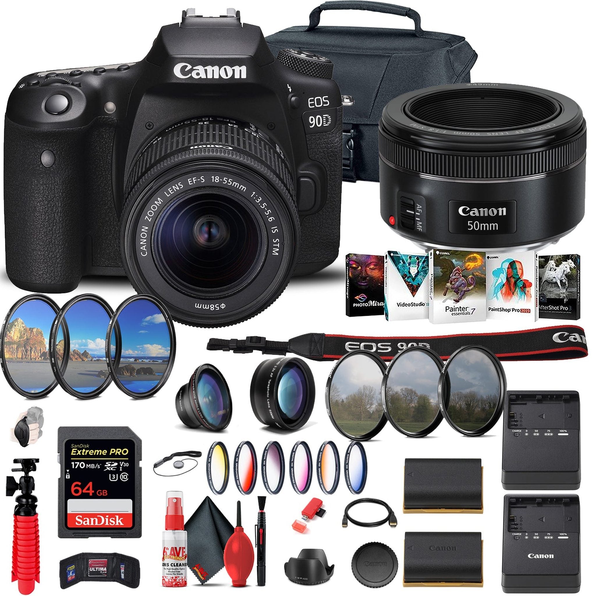 Canon EOS 90D DSLR Camera with 18-55mm Lens + Canon EF 50mm Lens + 64GB + More Canon