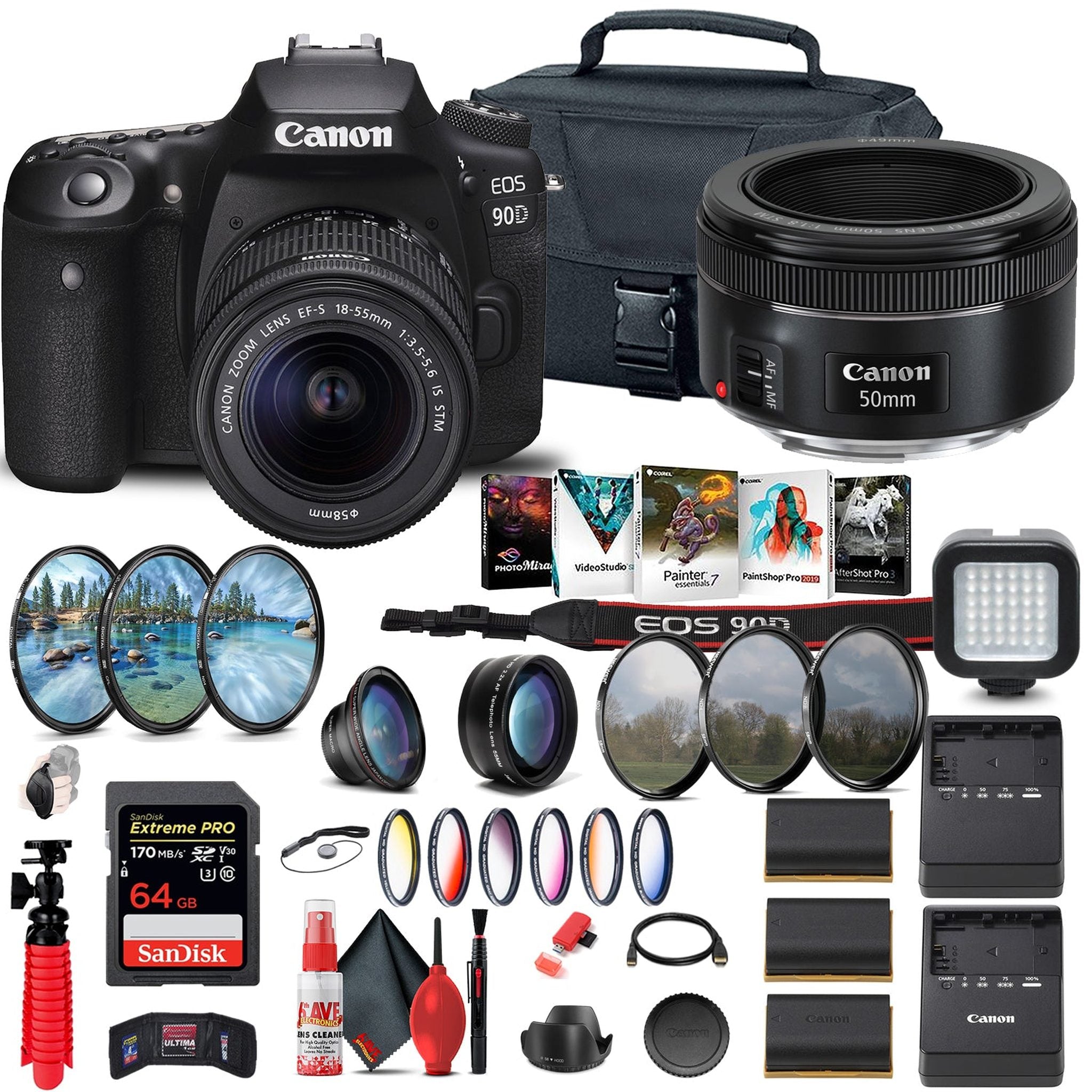 Canon EOS 90D DSLR Camera with 18-55mm Lens + Canon EF 50mm Lens + 64GB + More Canon