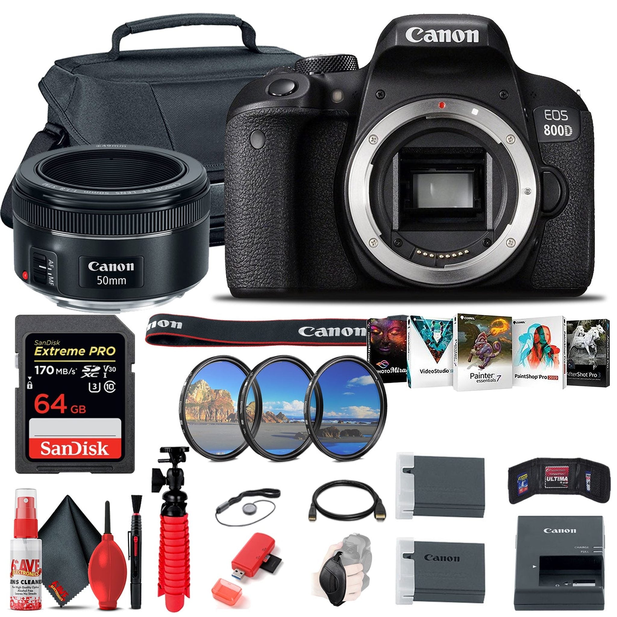 Canon EOS Rebel 800D / T7i DSLR Camera + Canon EF 50mm Lens + 64GB Graphic Bundle Canon