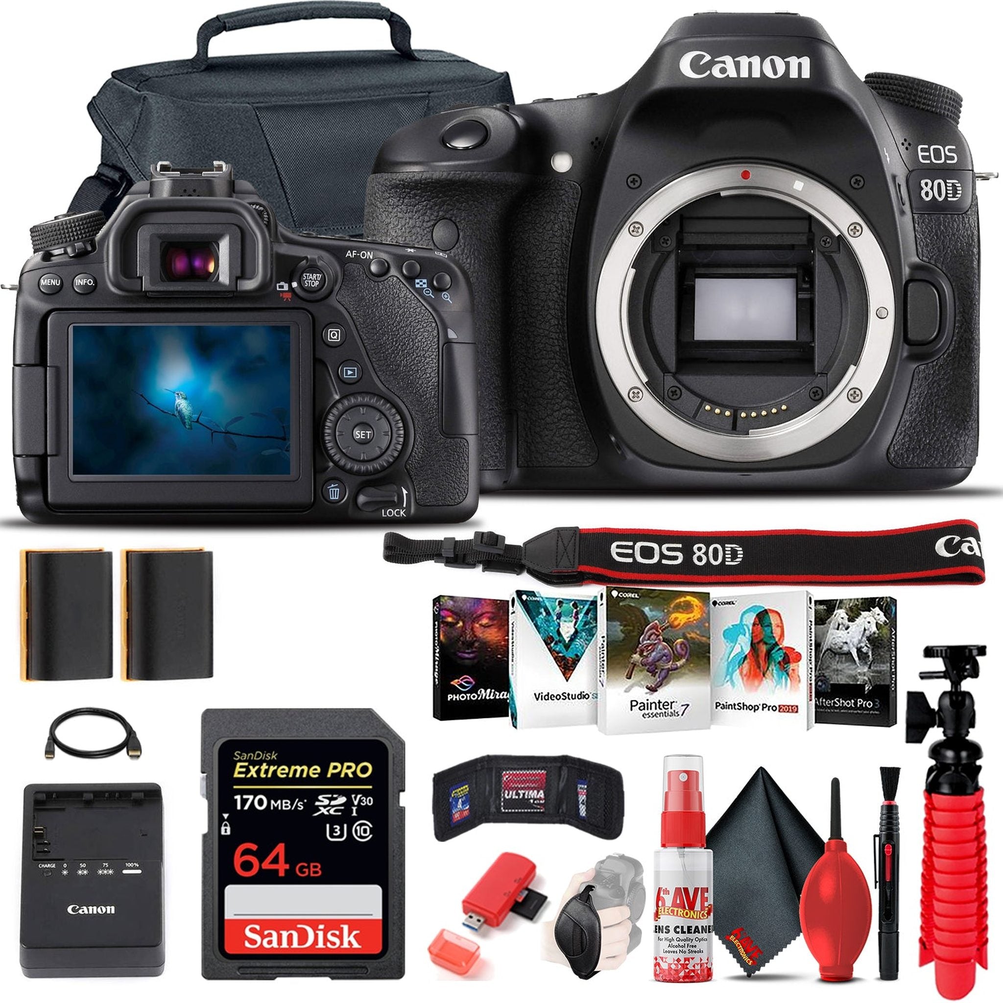 Canon EOS 80D DSLR Camera Body Only 1263C004 + 64GB Card + Case Starter Bundle Canon