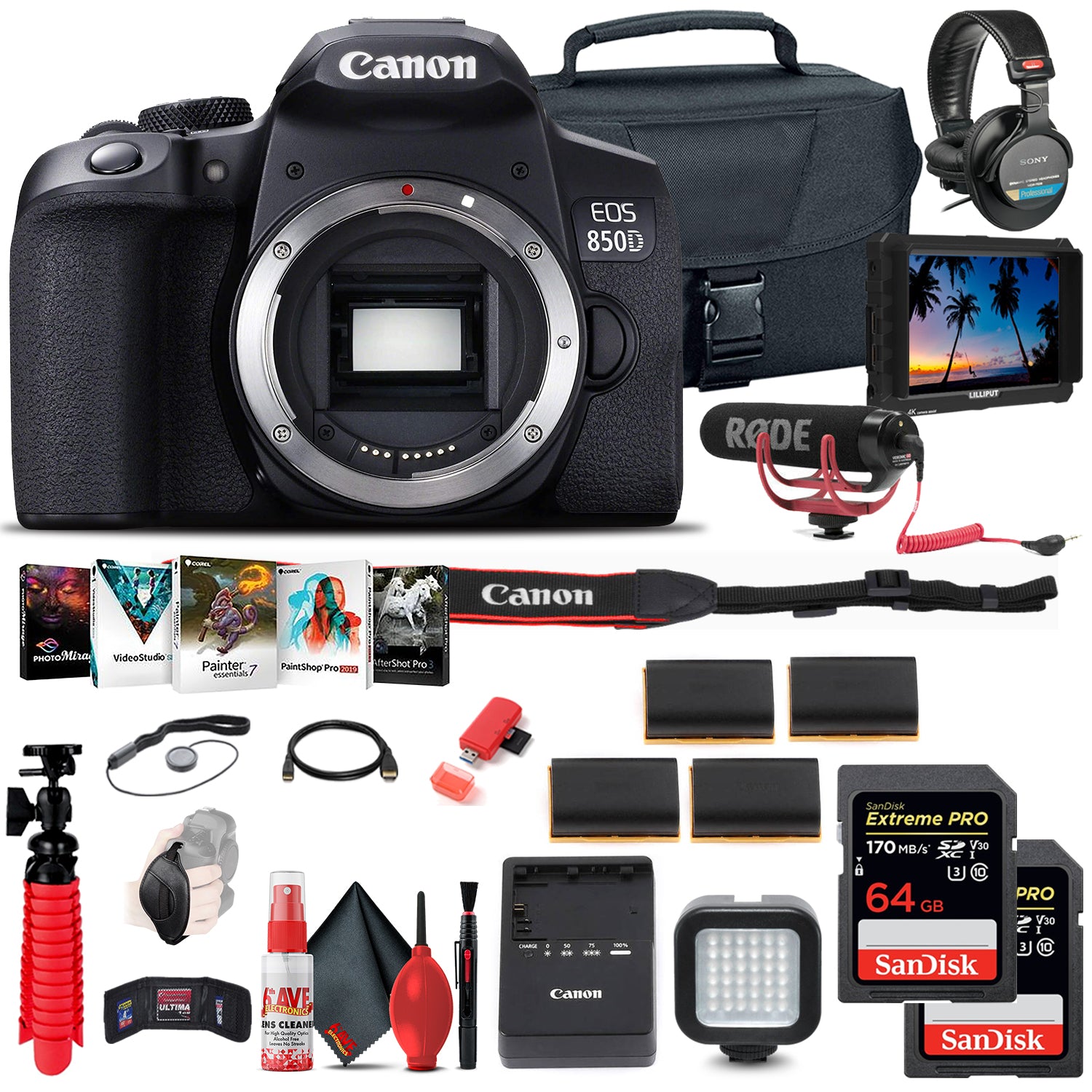 Canon EOS Rebel 850D / T8i DSLR Camera Body Only + 4K Monitor + Mic + More Canon