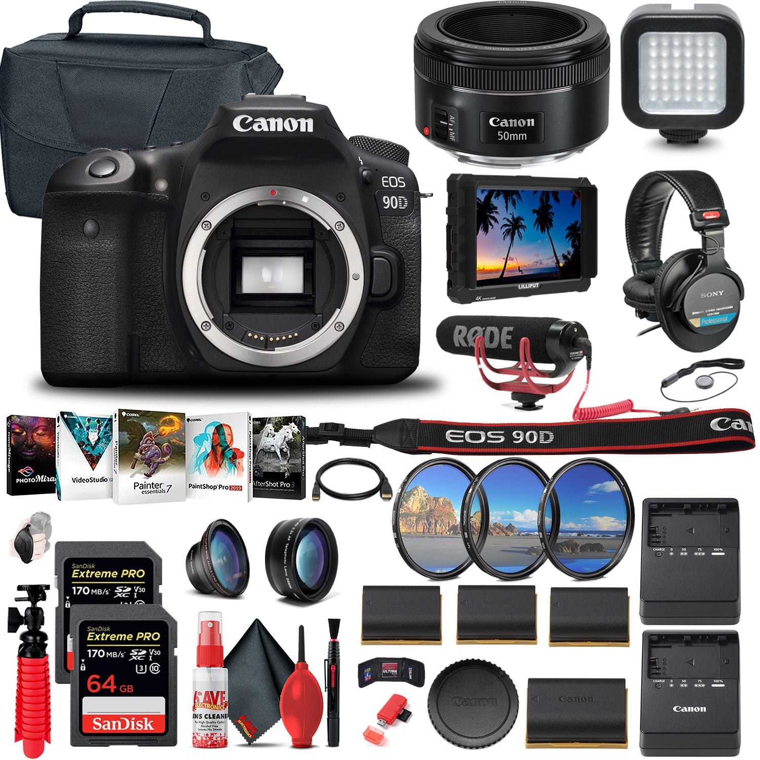 Canon EOS 90D DSLR Camera Body Only 3616C002 + 4K Monitor + EF 50mm + More Canon