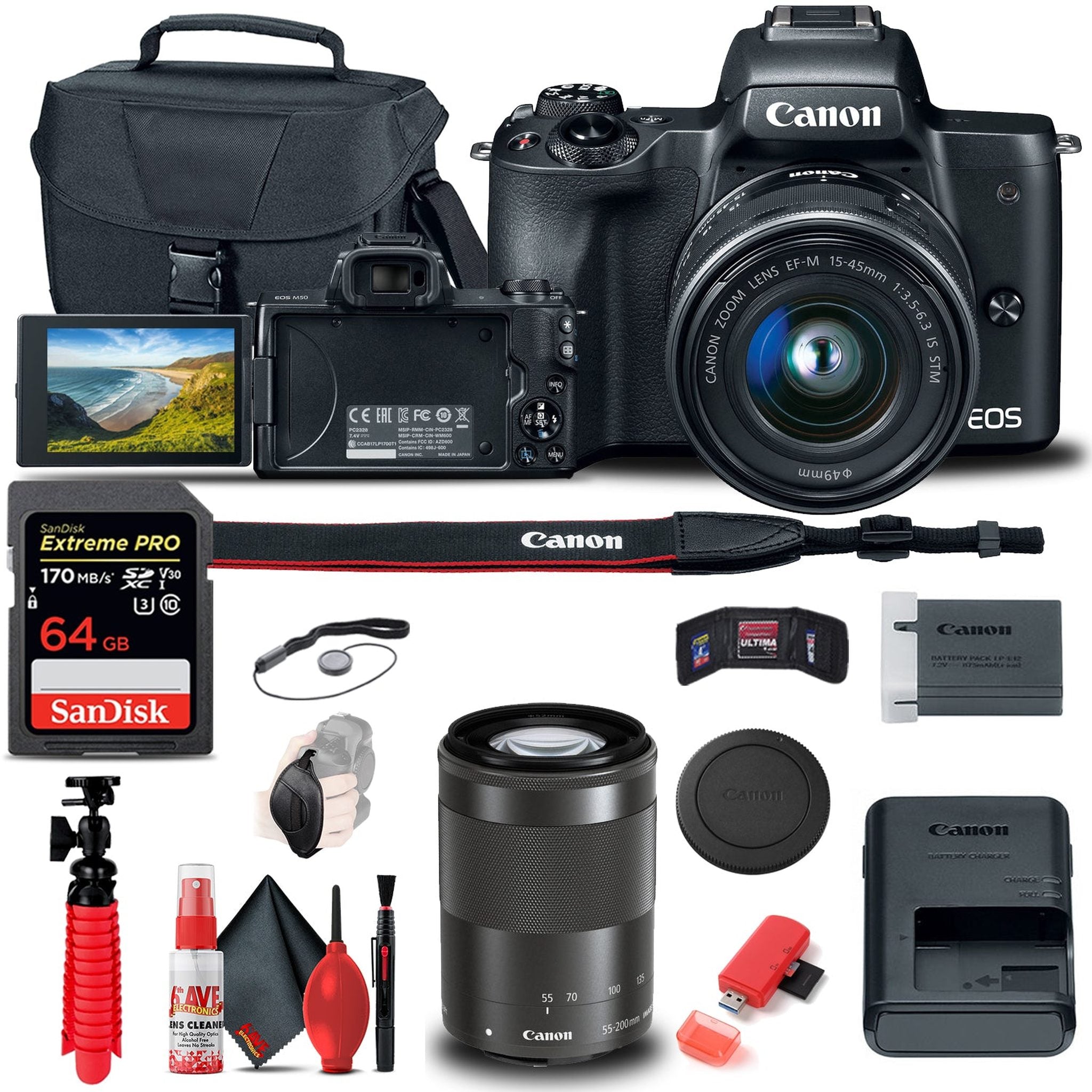 Canon EOS M50 Mirrorless Digital Camera with 15-45mm and 55-200mm Lenses Complete Starter Bundle Canon