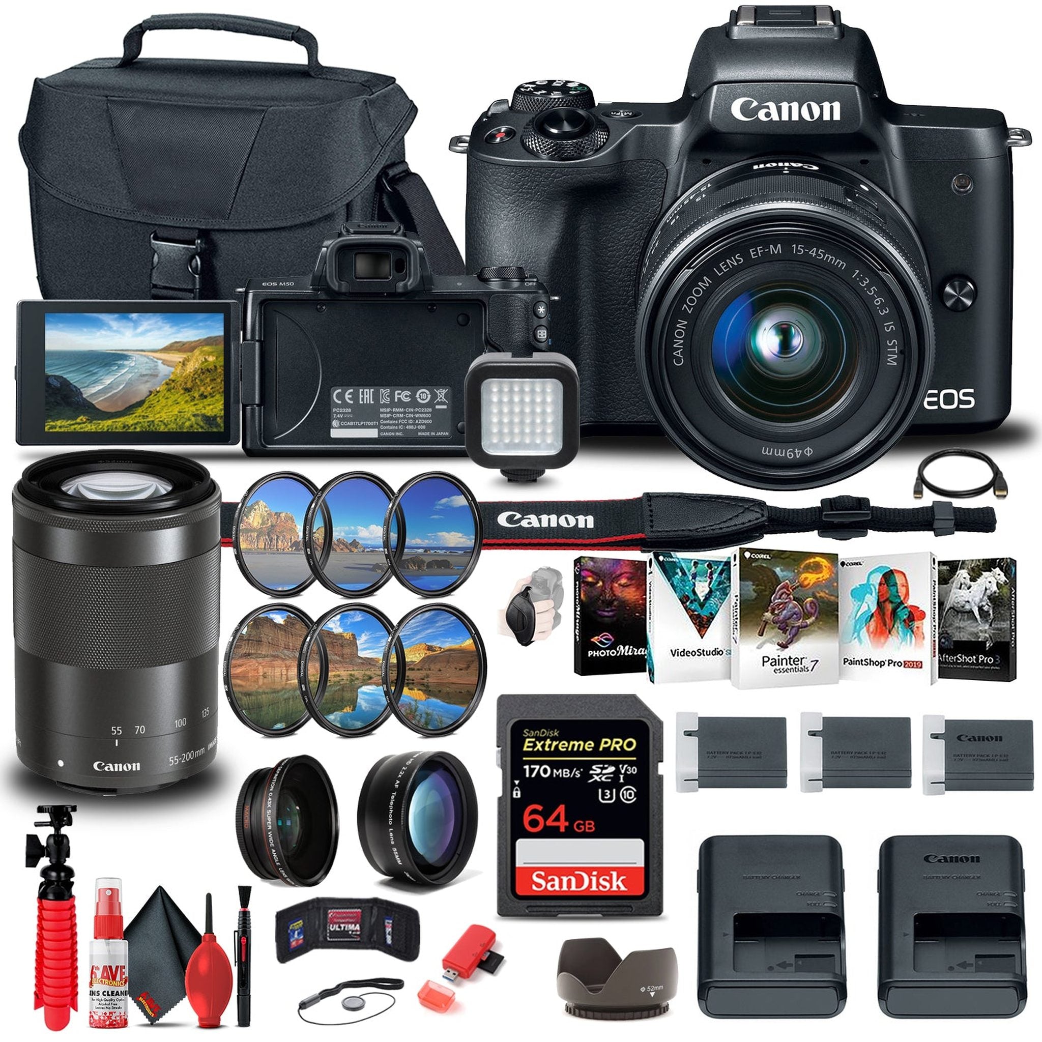 Canon EOS M50 Mirrorless Digital Camera with 15-45mm and 55-200mm Lenses Ultimate Graphic Bundle Canon