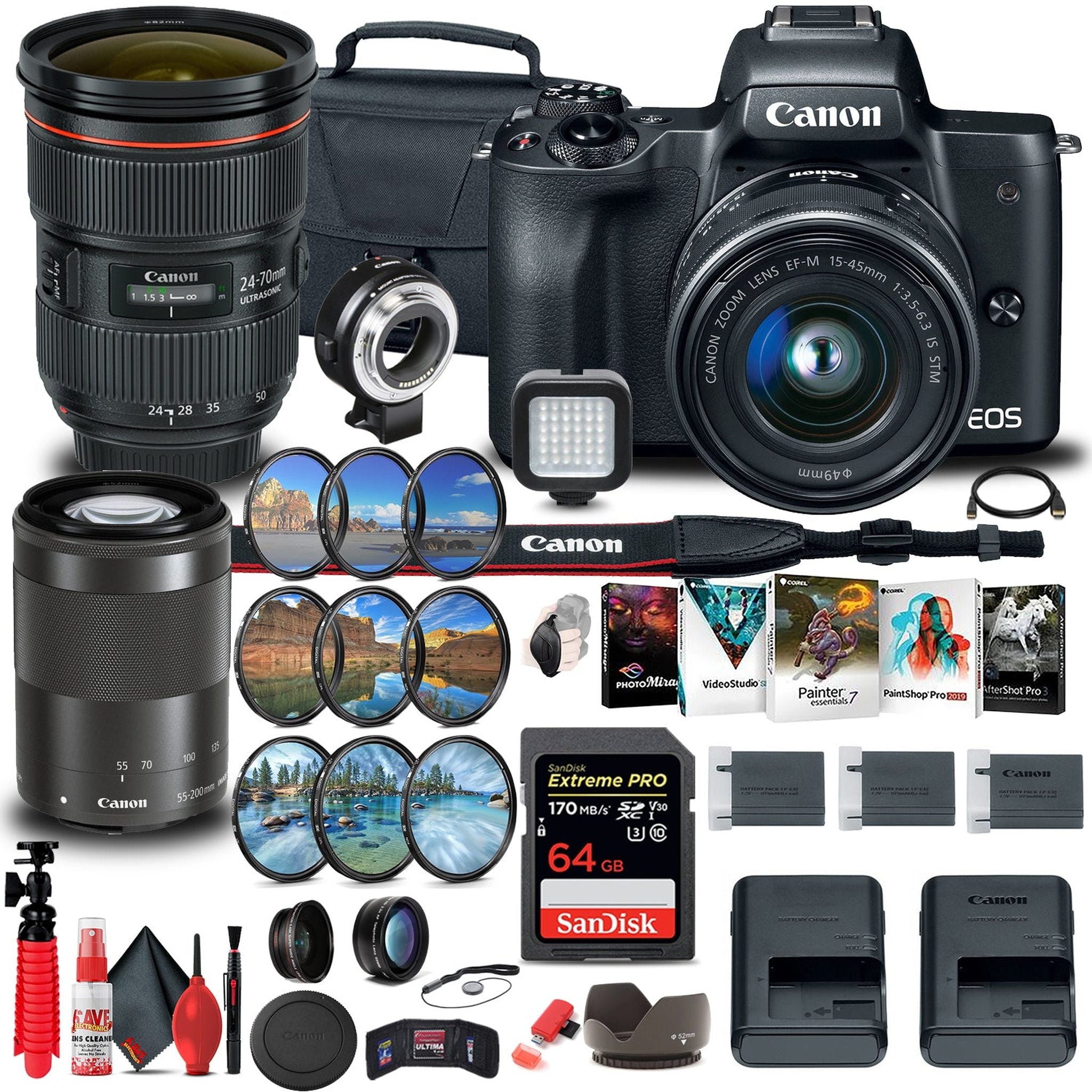 Canon EOS M50 Mirrorless Digital Camera with 15-45mm and 55-200mm Lenses Ultimate Video Bundle Canon