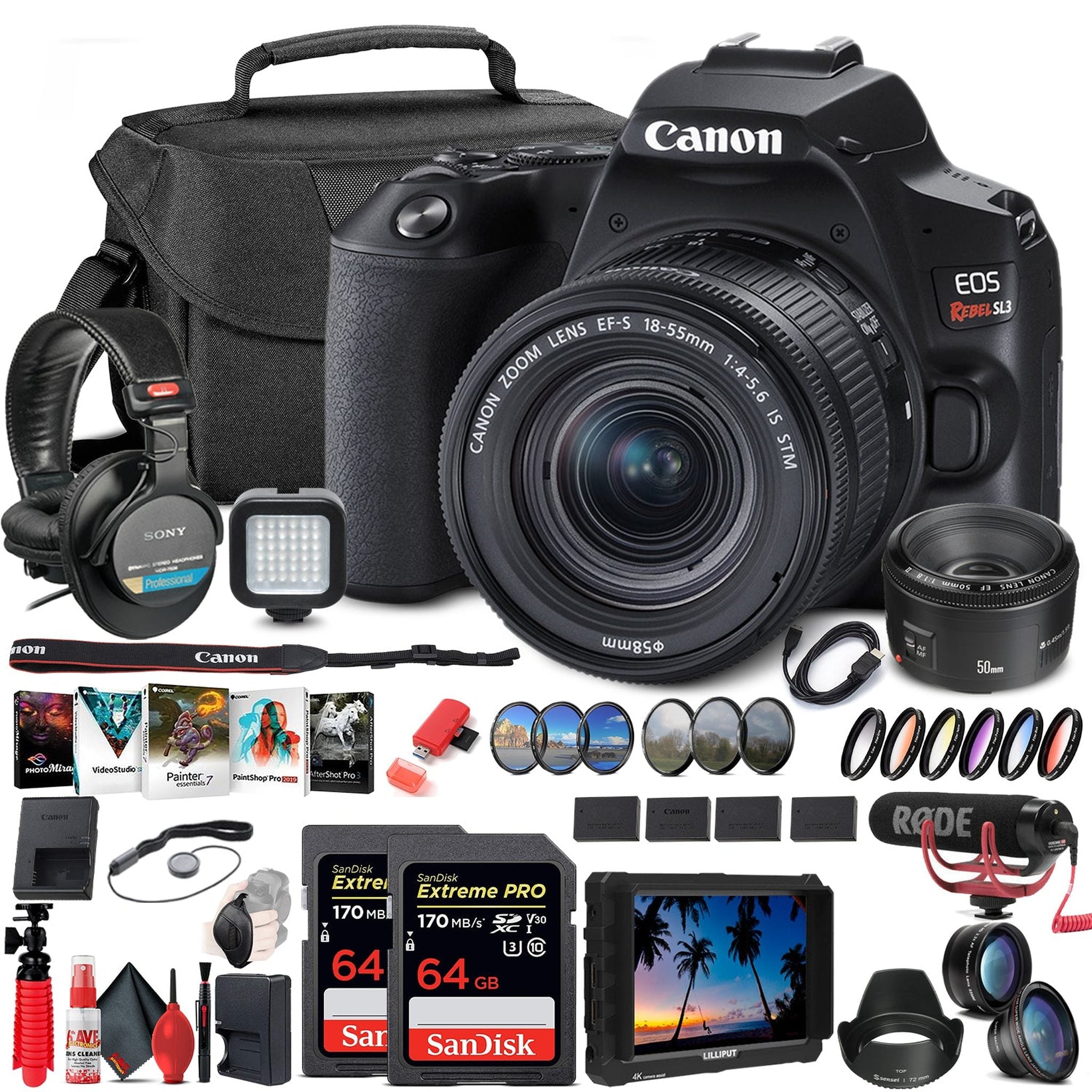 Canon EOS Rebel SL3 DSLR Camera with 18-55mm Lens Black 3453C002 Extreme Video Monitor Bundle Canon