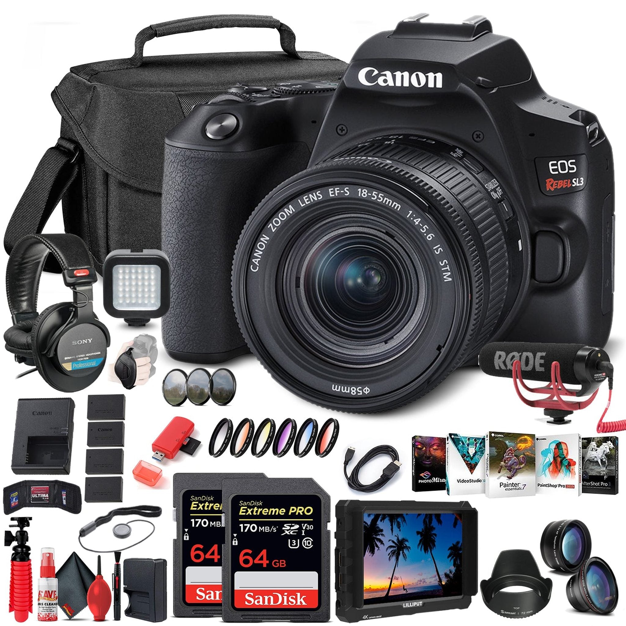 Canon EOS Rebel SL3 DSLR Camera with 18-55mm Lens Black 3453C002 Extra Storage Bundle Canon