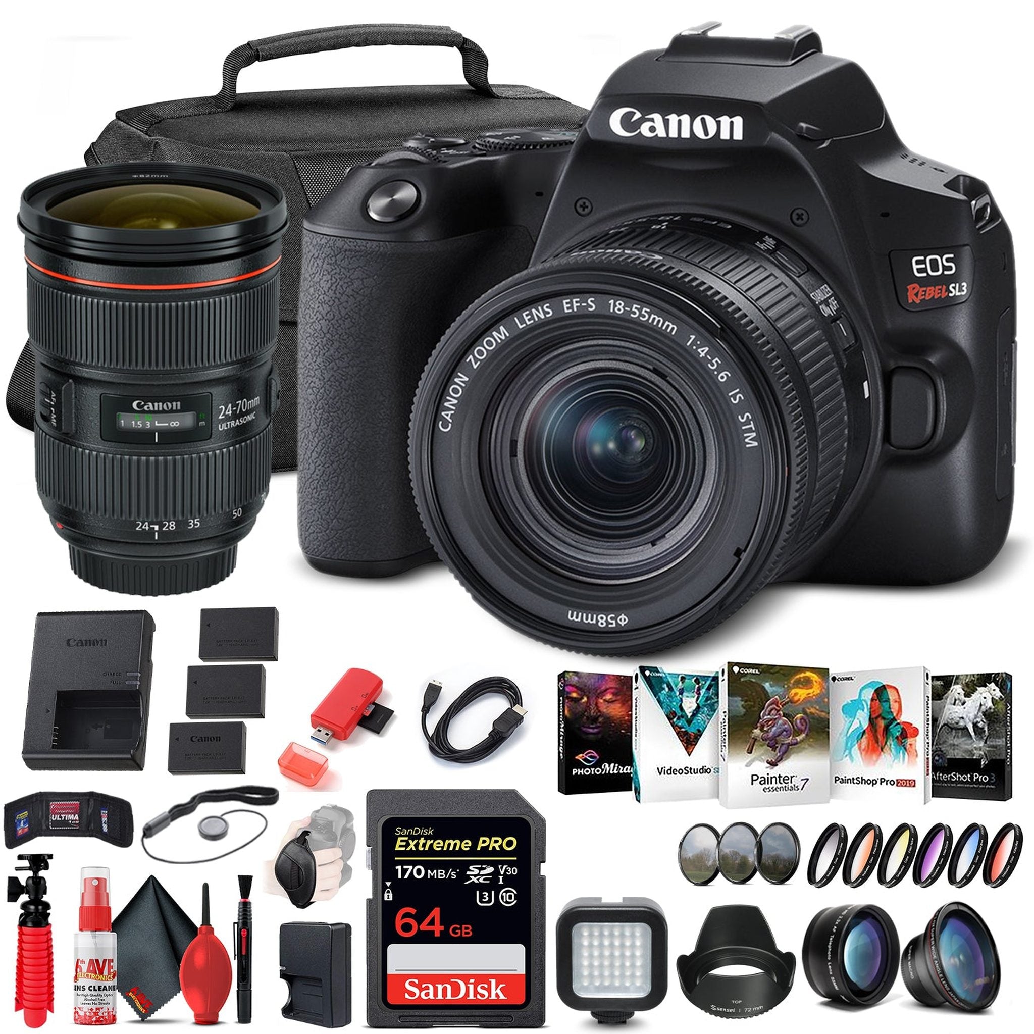 Canon EOS Rebel SL3 DSLR Camera with 18-55mm Lens Black 3453C002 Extra Battery Bundle Canon