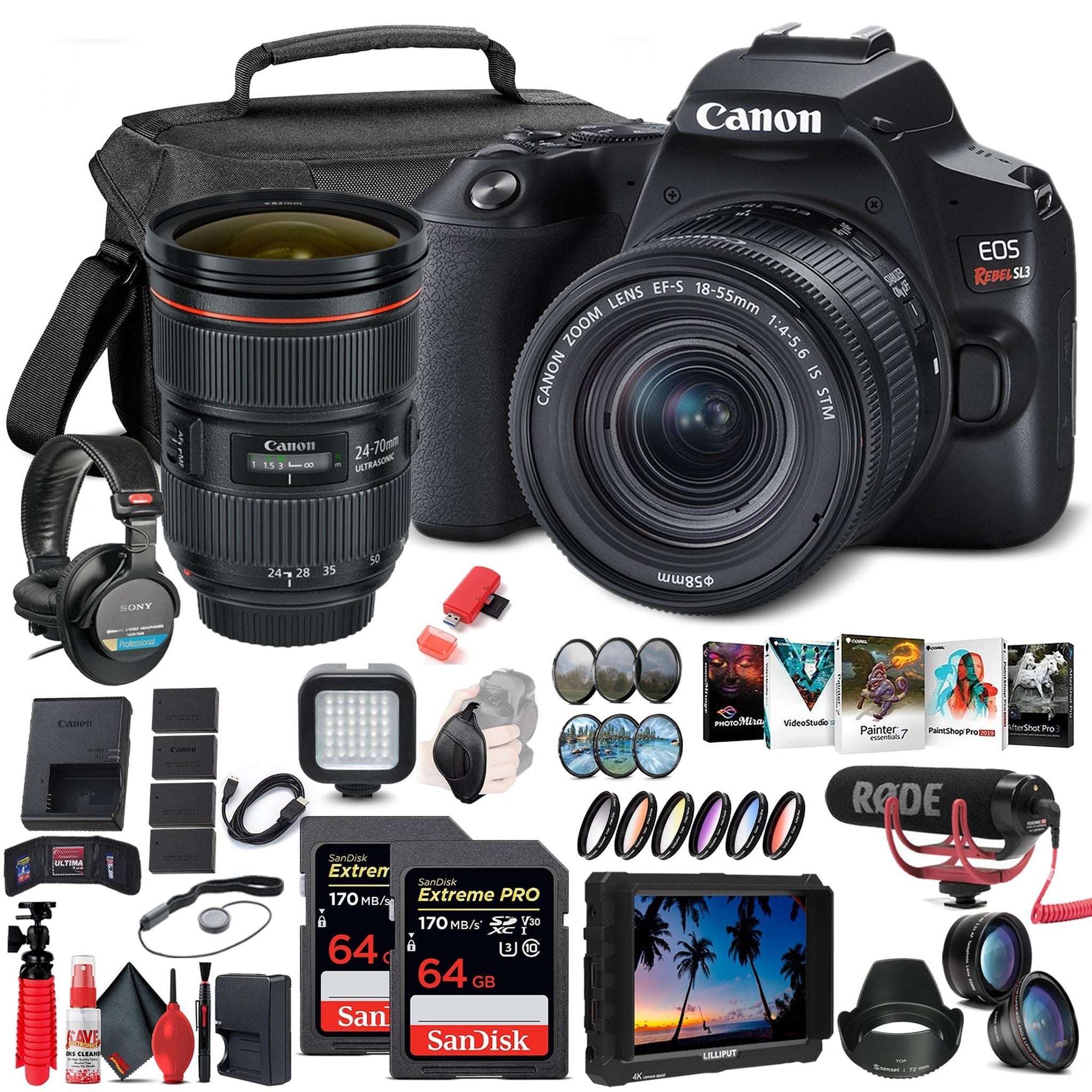 Canon EOS Rebel SL3 DSLR Camera with 18-55mm Lens Black 3453C002 Ultimate Sound Bundle Canon