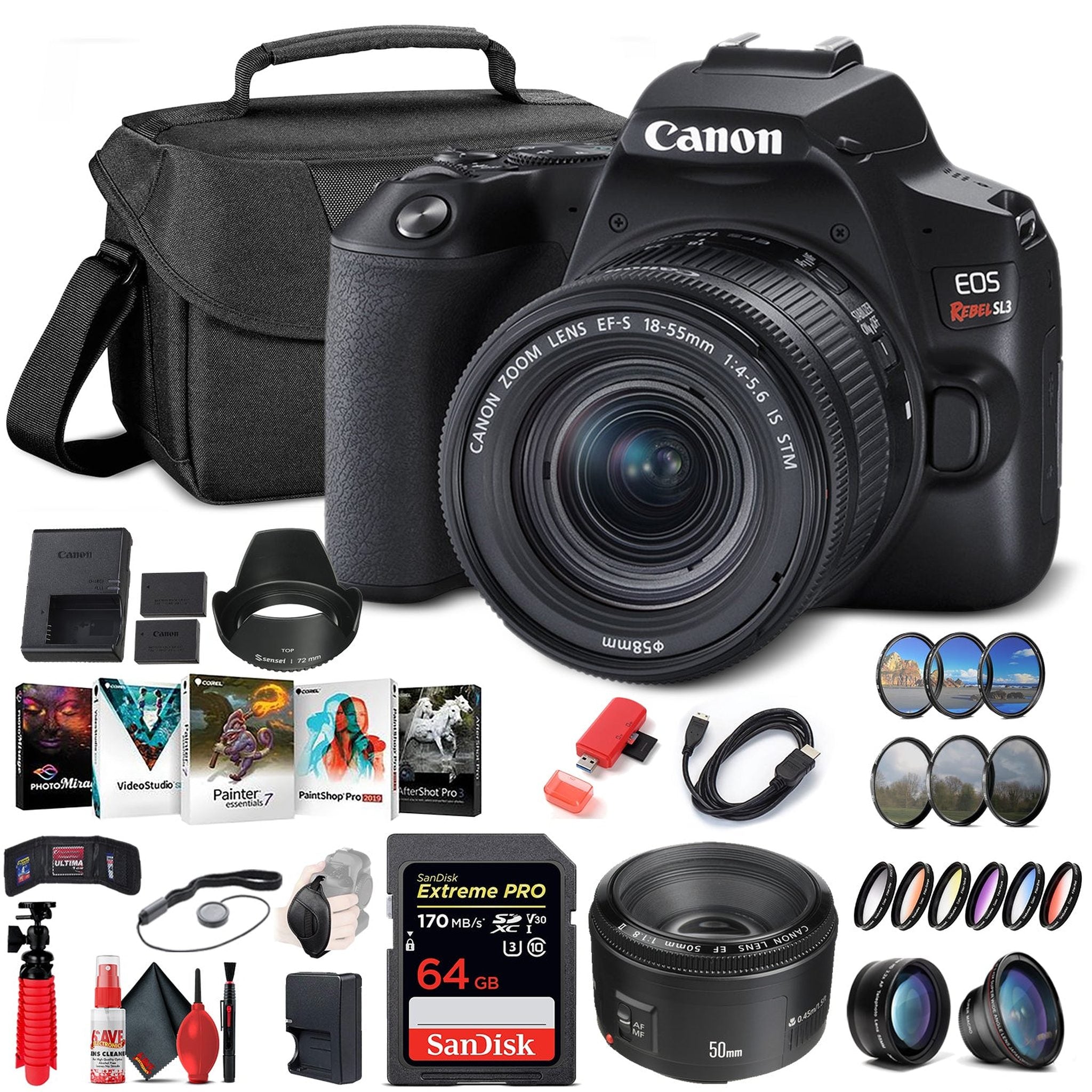 Canon EOS Rebel SL3 DSLR Camera with 18-55mm Lens Black 3453C002 On the Go Bundle Canon