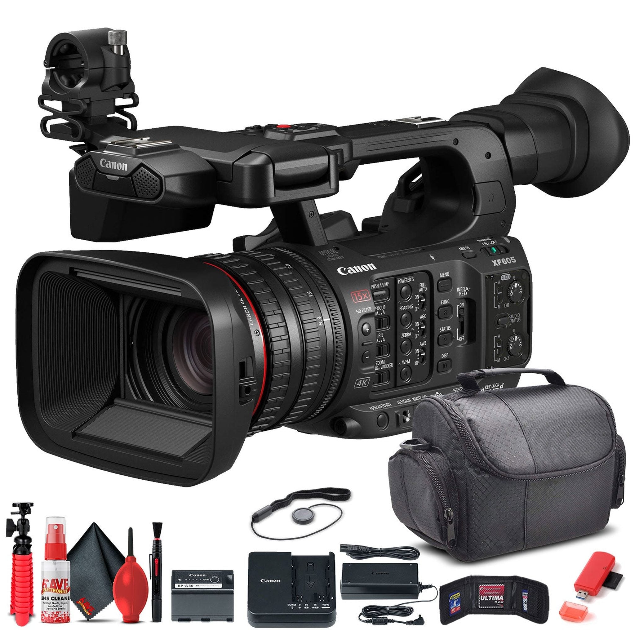 Canon XF605 UHD 4K HDR Pro Camcorder 5076C002 + Bag + Card Reader + More Bundle Canon