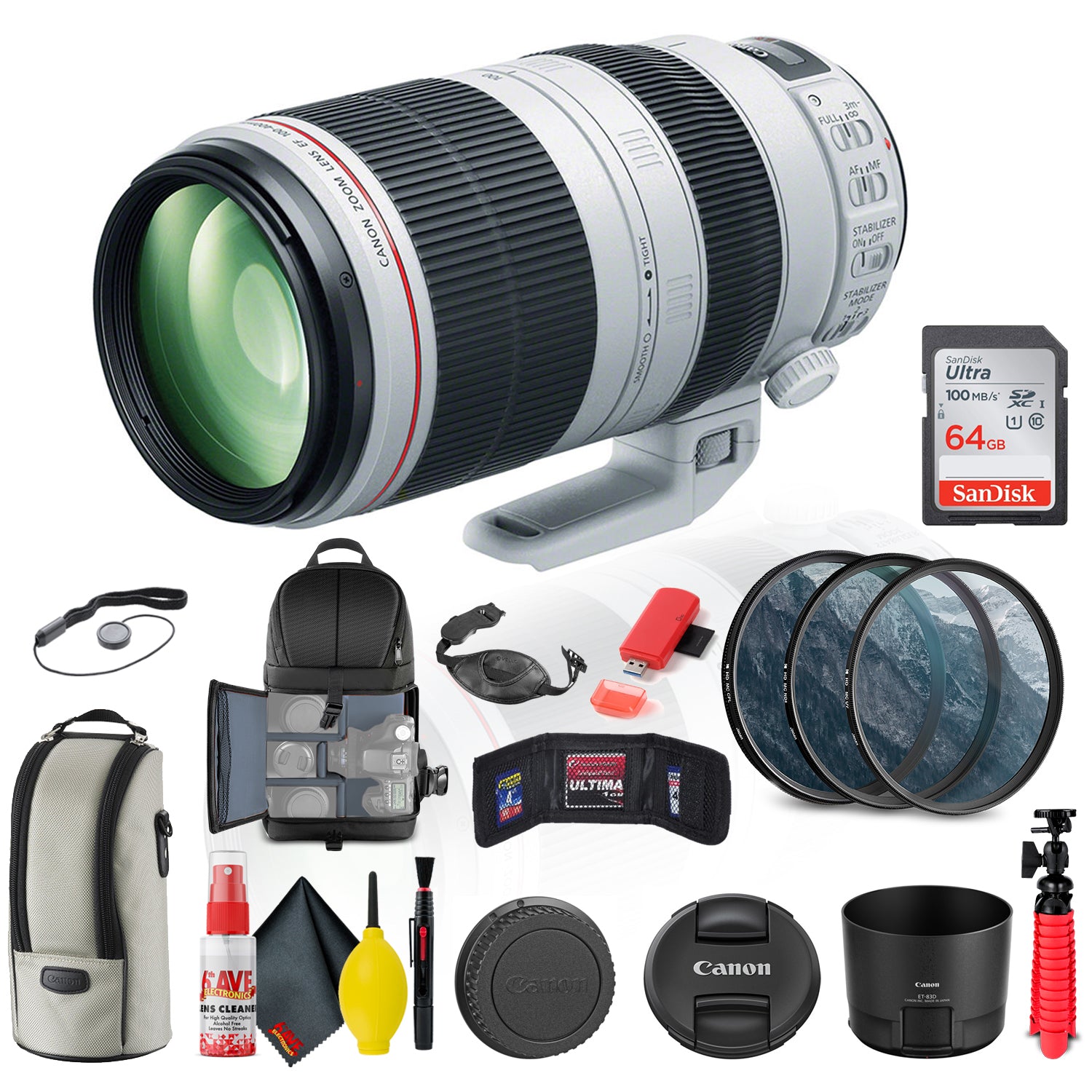 Canon EF 100-400mm f/4.5-5.6L IS II USM Lens 9524B002 + Filter Kit + More Canon