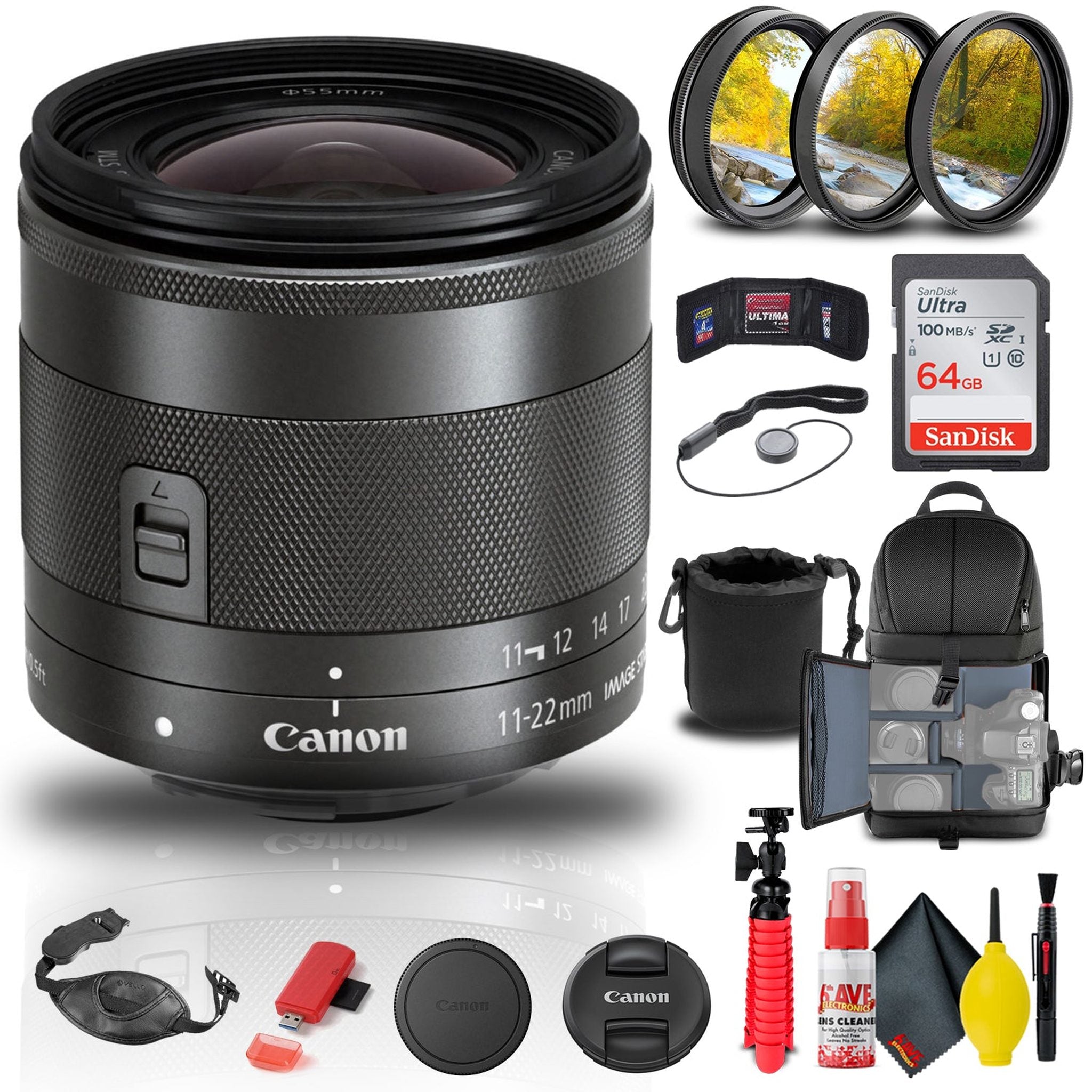 Canon EF-M 11-22mm f/4-5.6 IS STM Lens 7568B002 + Filter Kit + BackPack + More Canon