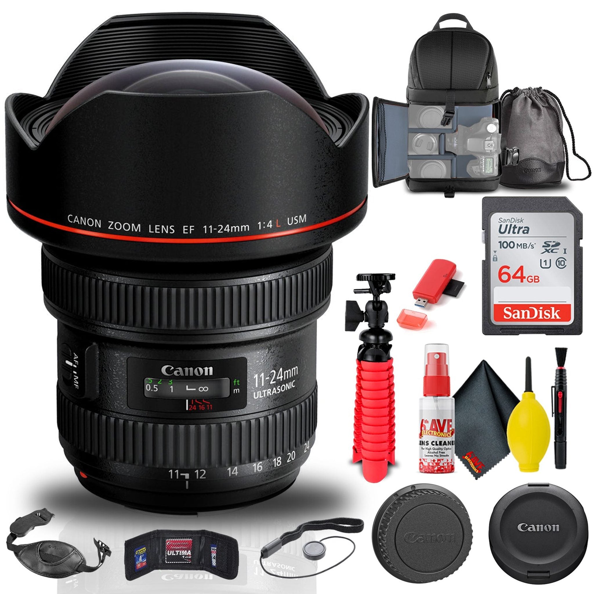 Canon EF 11-24mm f/4L USM Lens 9520B002 + BackPack + 64GB Card + More Canon