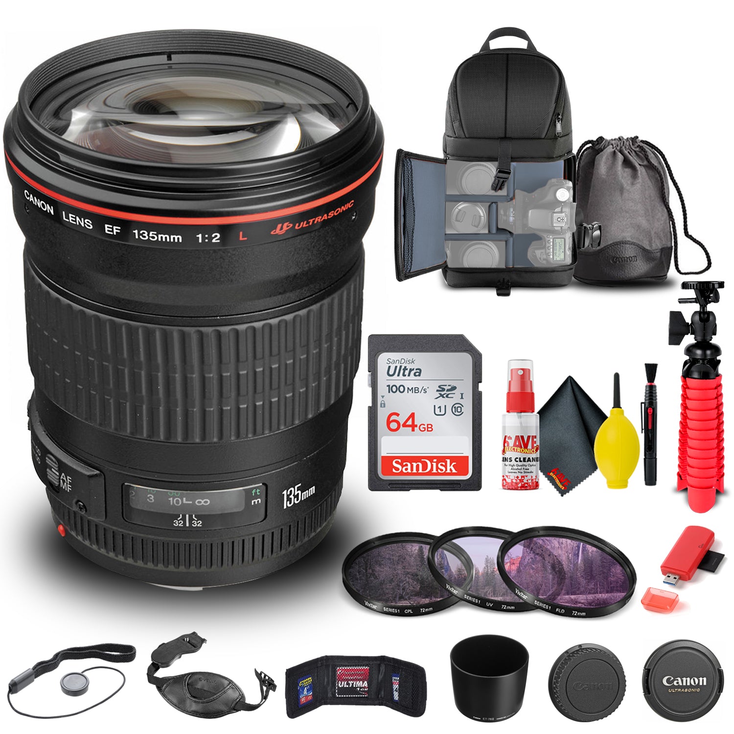 Canon EF 135mm f/2L USM Lens 2520A004 + Filter + BackPack + 64GB Card + More Canon