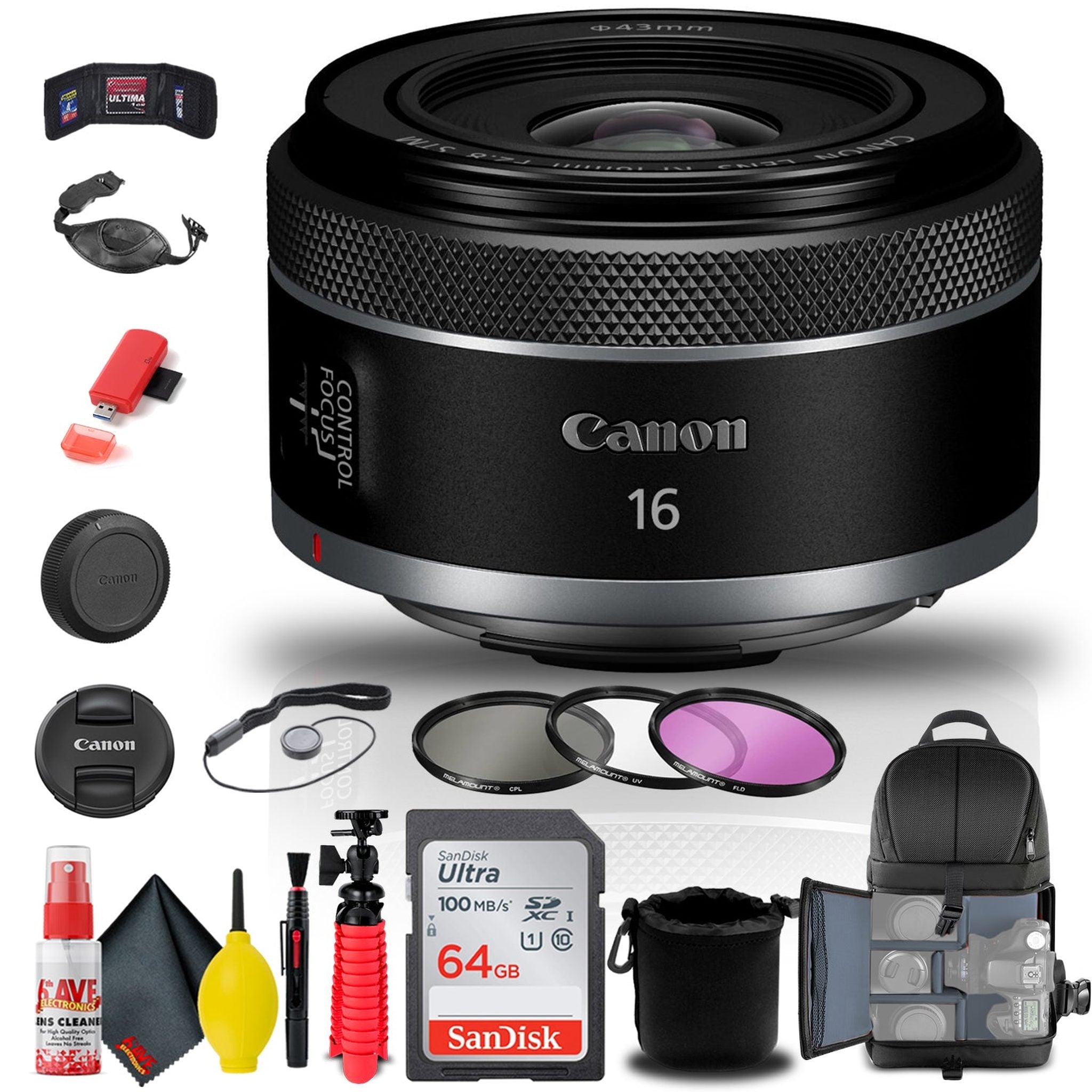 Canon RF 16mm f/2.8 STM Lens 5051C002 + Filter + BackPack + 64GB Card + More Canon