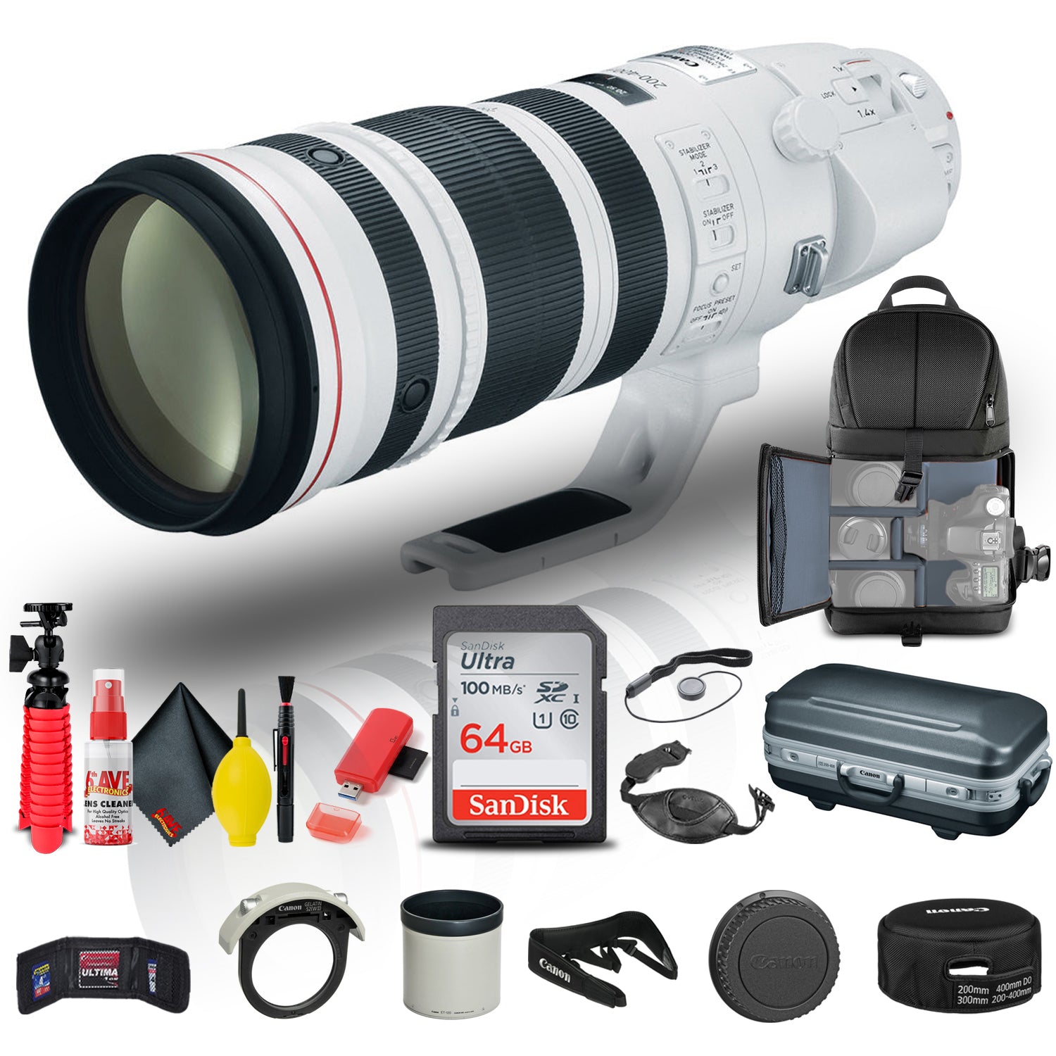 Canon EF 200-400mm f/4L IS USM Extender 1.4x Lens (5176B002) + BackPack + More