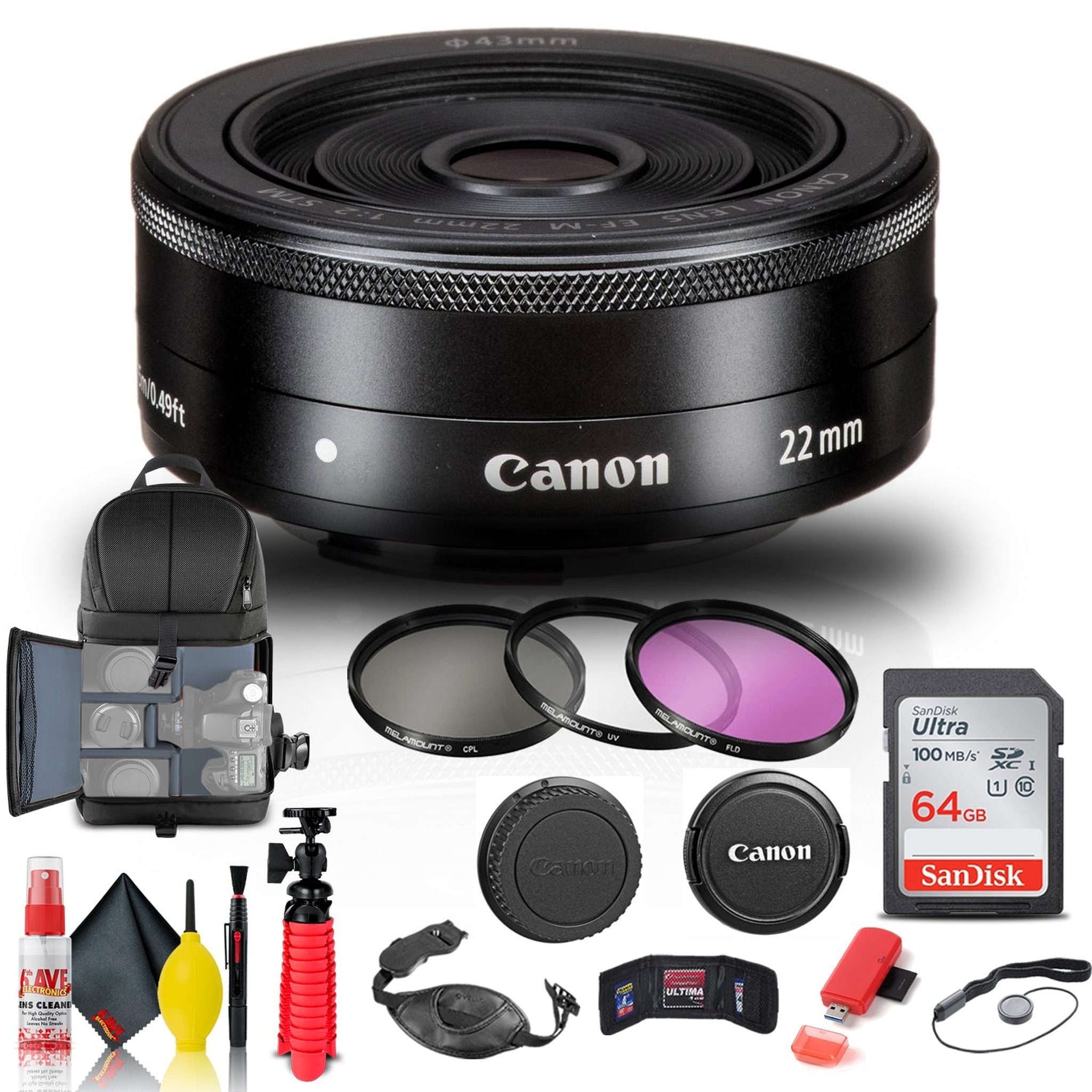 Canon EF-M 22mm f/2 STM Lens 5985B002 + Filter + BackPack + 64GB Card + More Canon