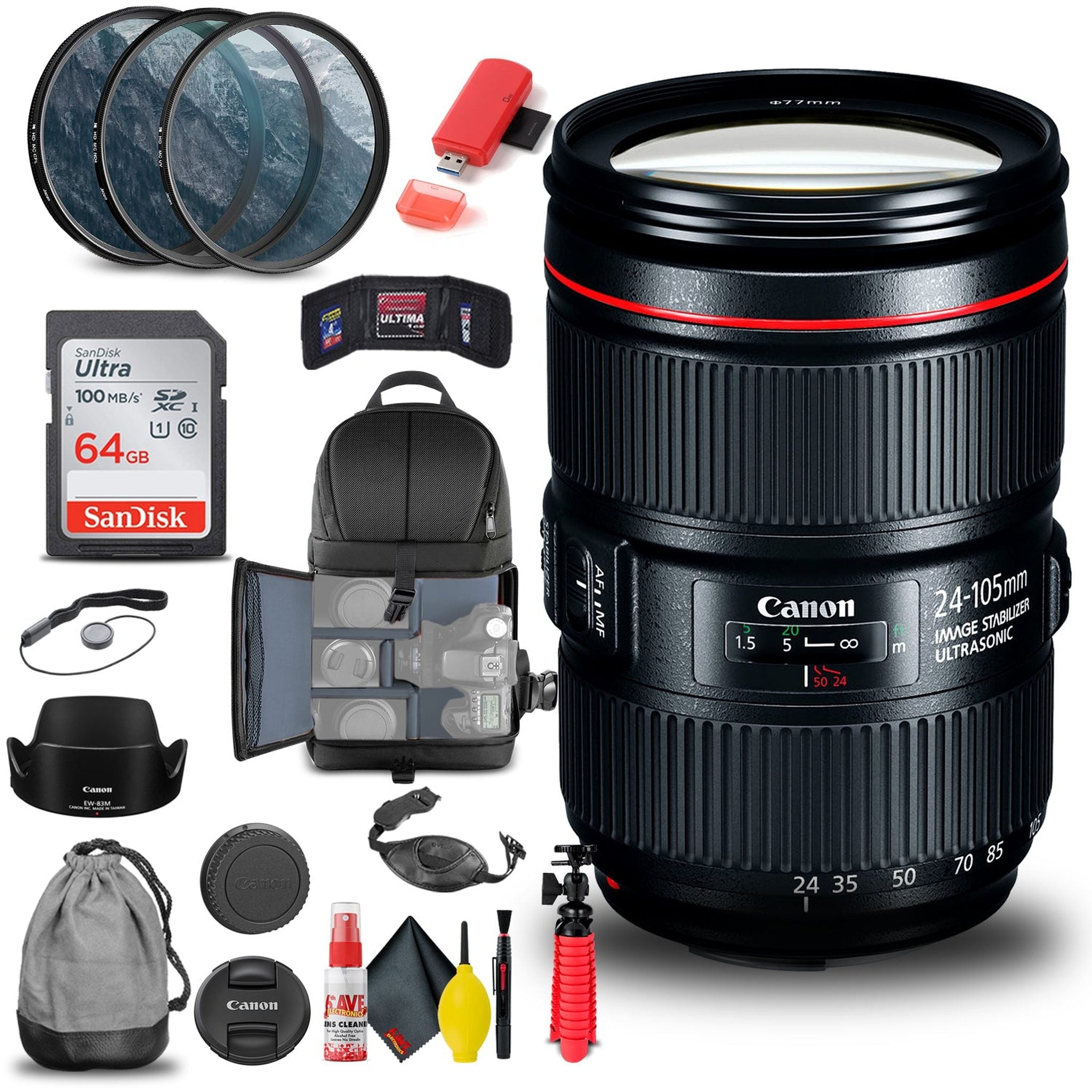 Canon EF 24-105mm f/4L IS II USM Lens 1380C002 + Filter Kit + BackPack Starter Bundle Canon