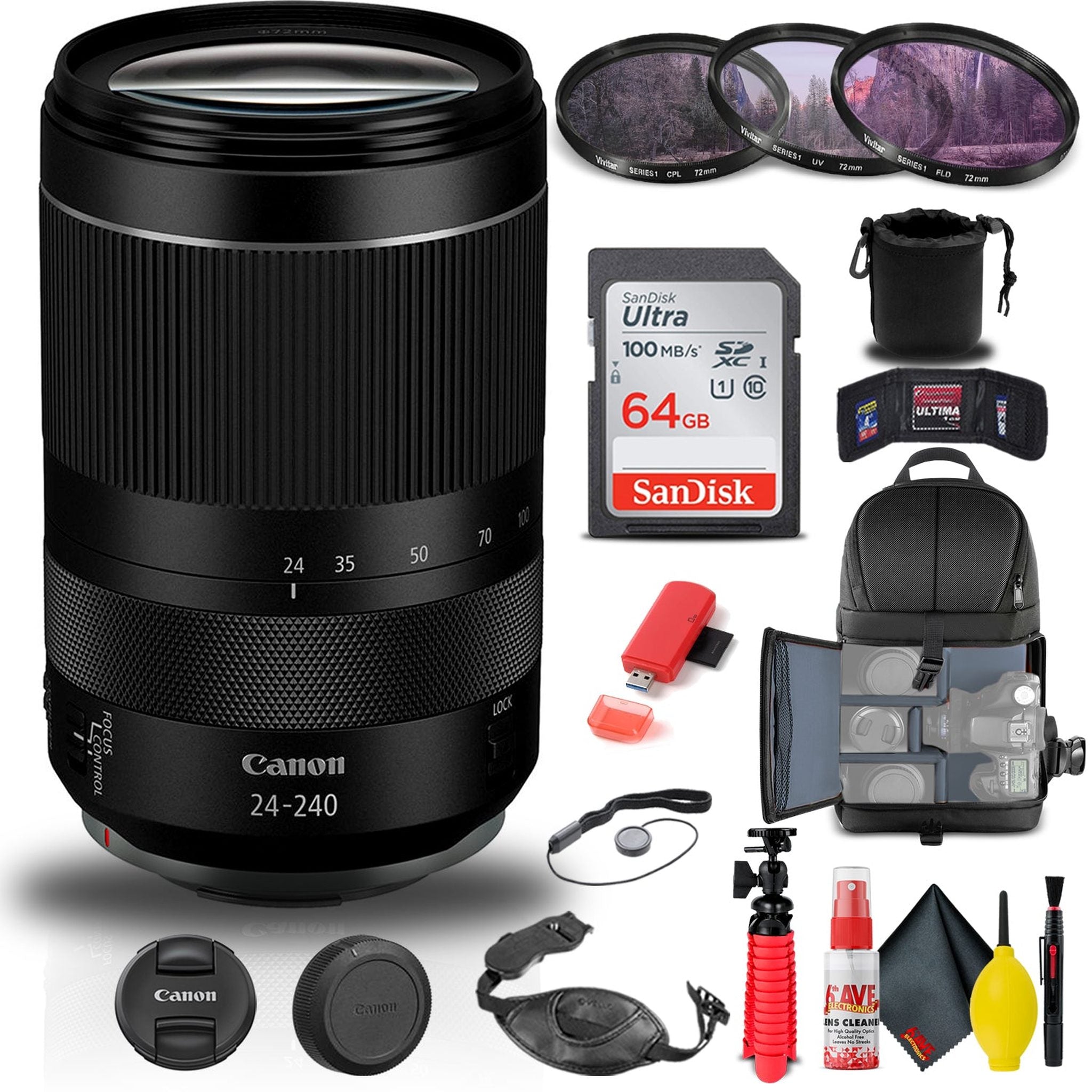 Canon RF 24-240mm f/4-6.3 IS USM Lens 3684C002 + Filter Kit + BackPack + More Canon