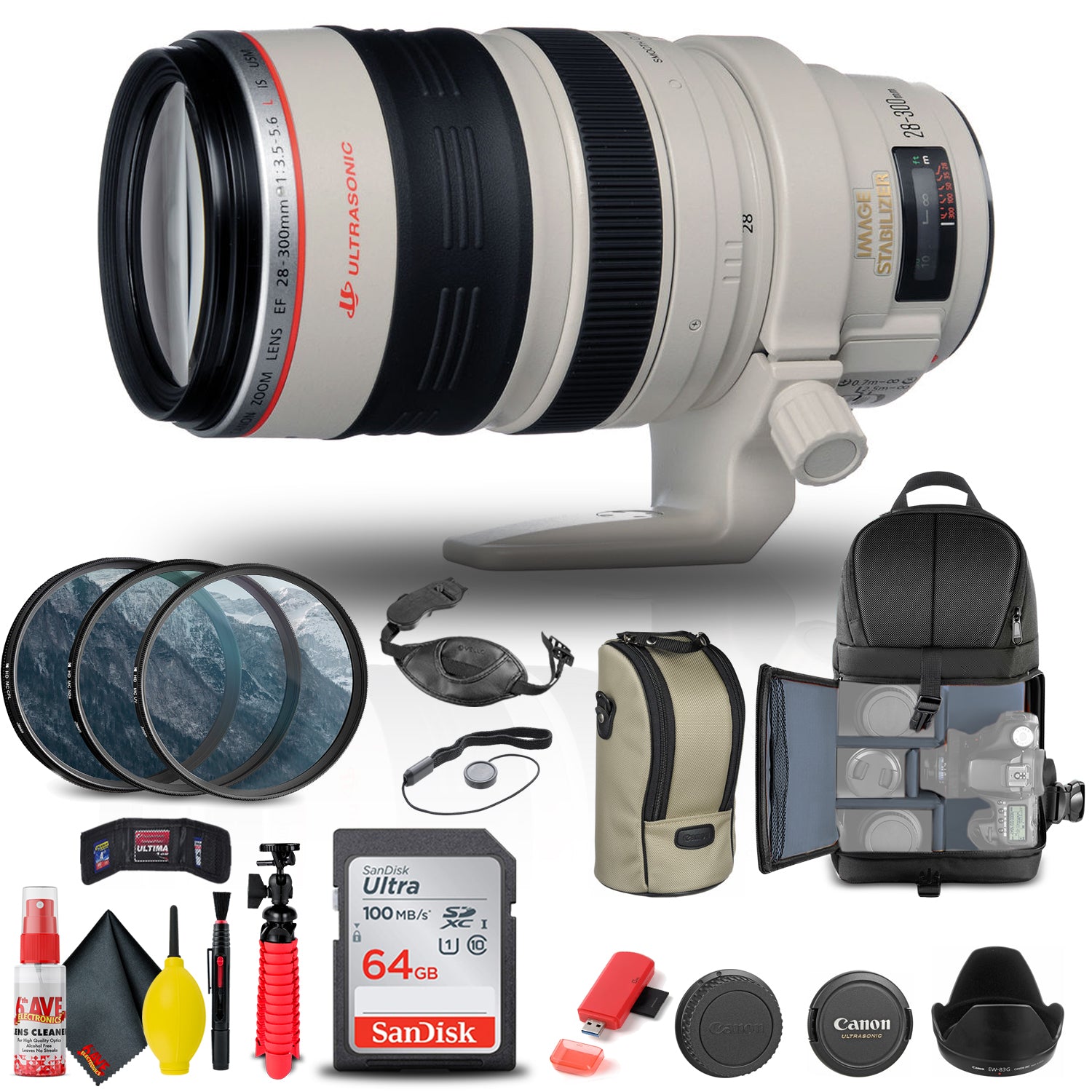 Canon EF 28-300mm f/3.5-5.6L IS USM Lens 9322A002 + Filter Kit + Pro Sling Backpack Bundle Canon