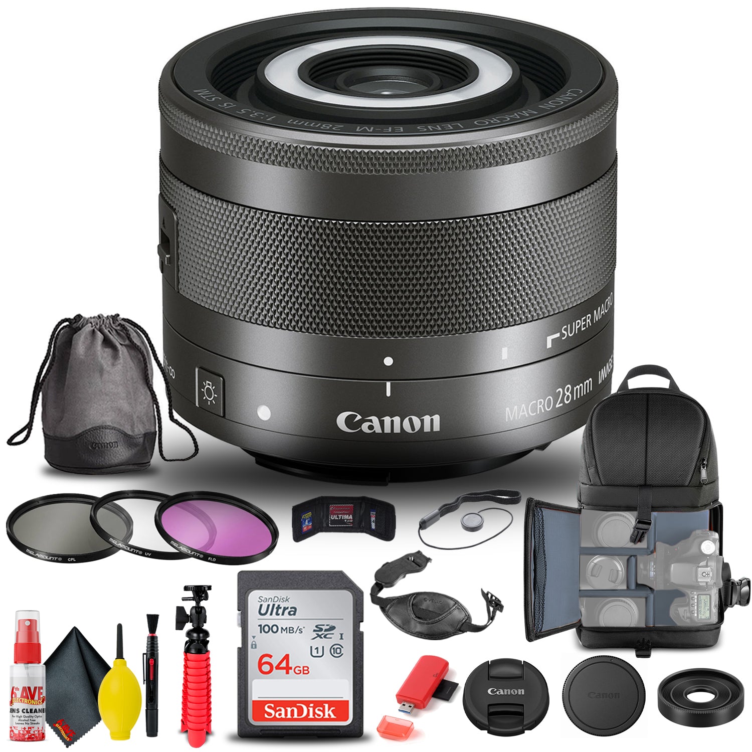 Canon EF-M 28mm f/3.5 Macro IS STM Lens 1362C002 + Filter + BackPack + More Canon