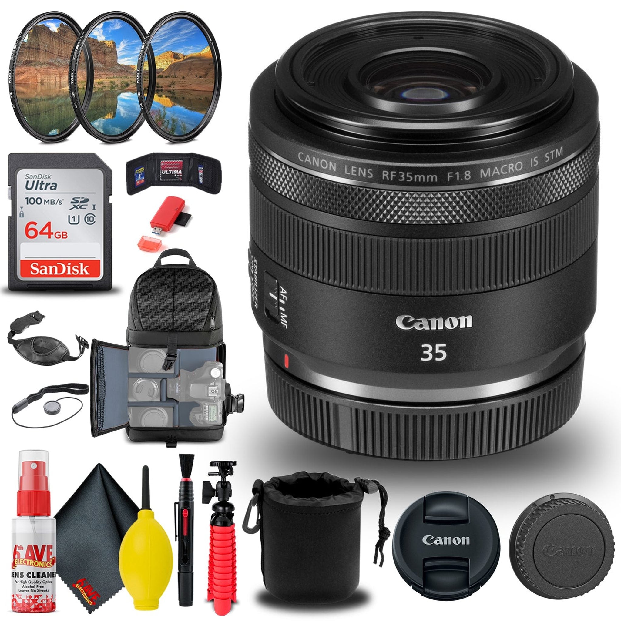 Canon RF 35mm f/1.8 IS Macro STM Lens 2973C002 + Filter Kit + BackPack + More Canon