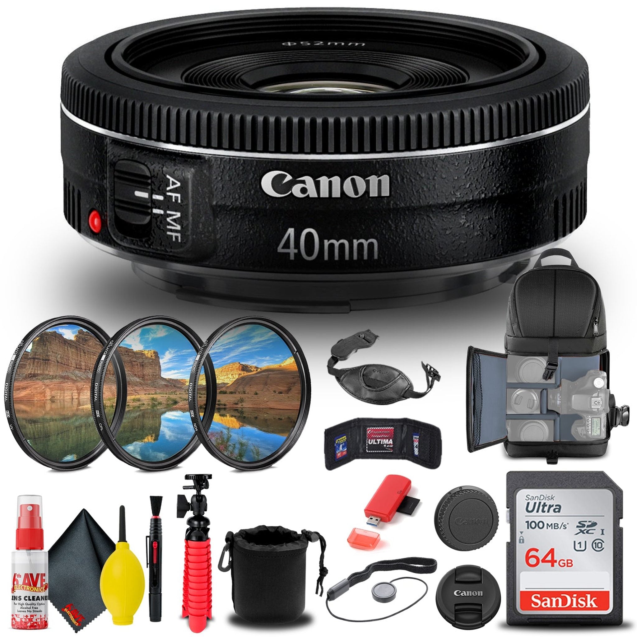 Canon EF 40mm f/2.8 STM Lens 6310B002 + Filter + BackPack + 64GB Card + More Canon