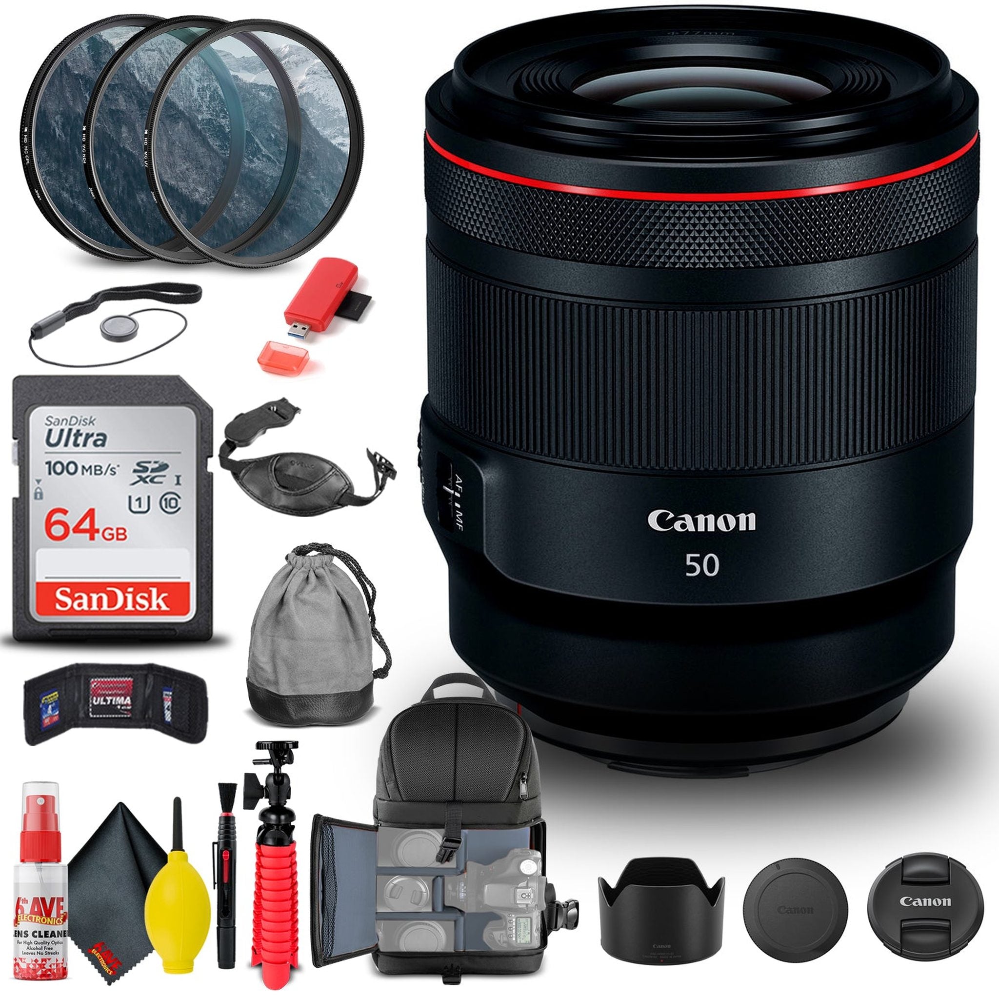 Canon RF 50mm f/1.2L USM Lens 2959C002 + Filter + BackPack + 64GB Card + More Canon