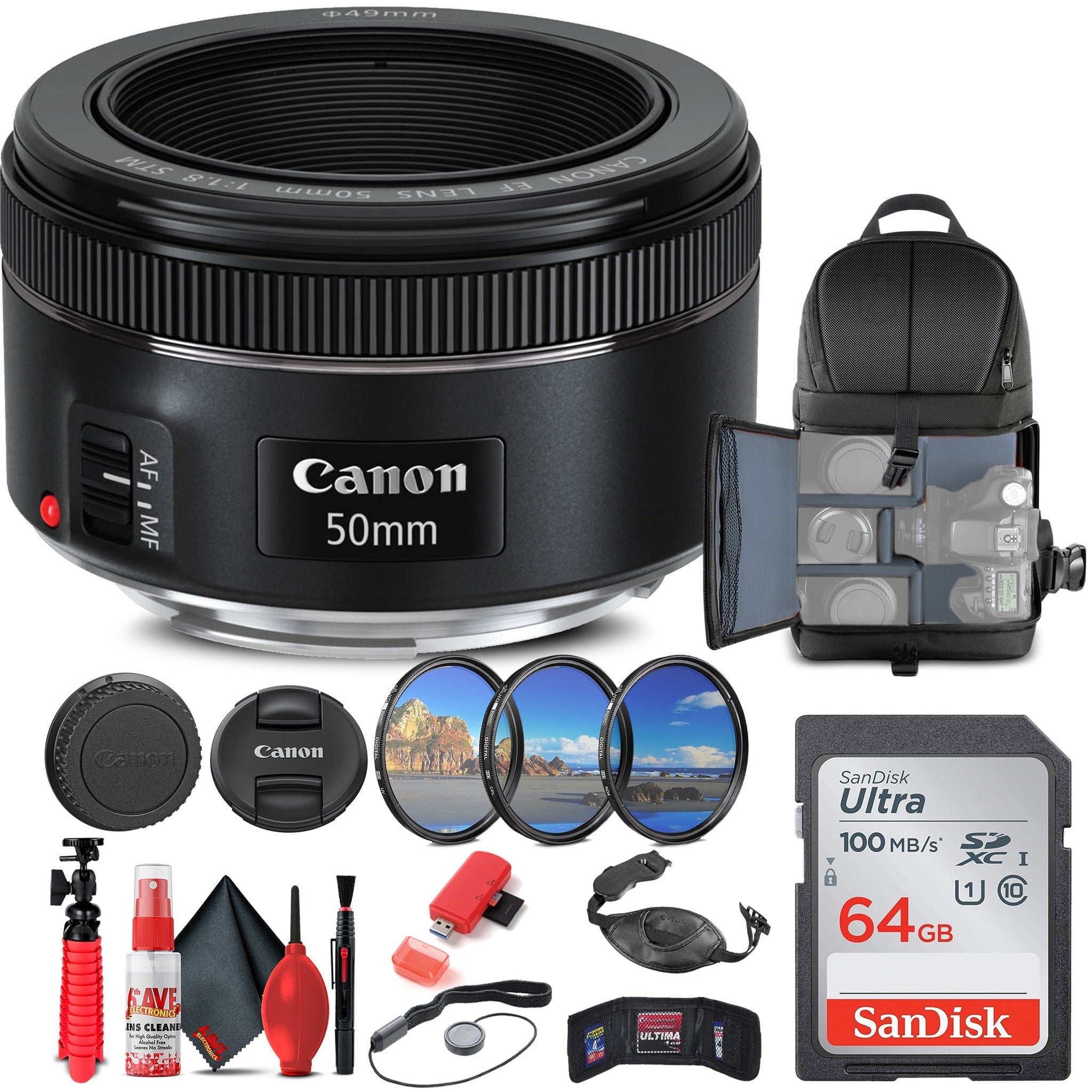 Canon EF 50mm f/1.8 STM Lens 0570C002 + Filter + BackPack + 64GB Card + More Canon