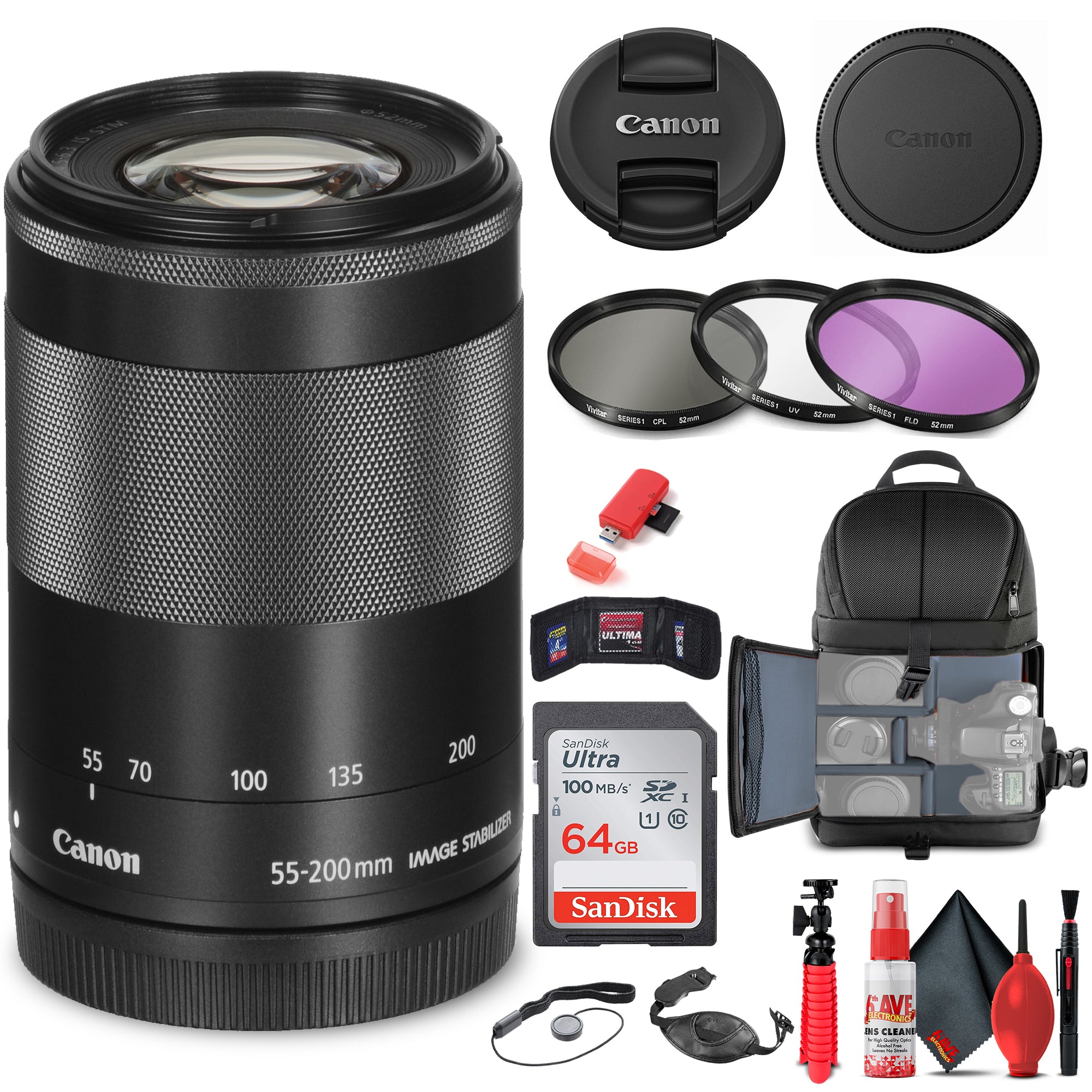 Canon EF-M 55-200mm f/4.5-6.3 IS STM Lens Black 9517B002 + Filter Kit + More Canon