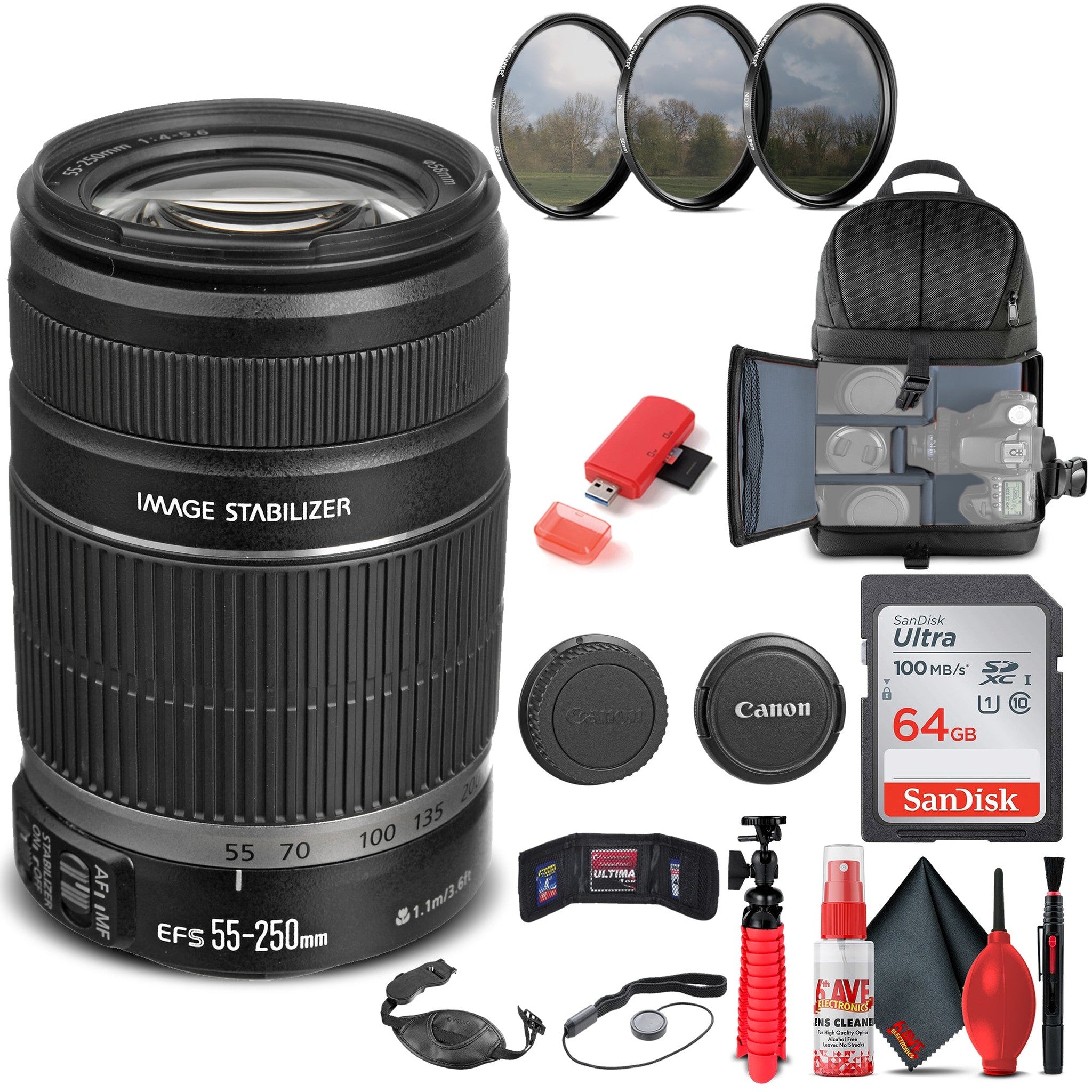 Canon EF-S 55-250mm f/4-5.6 IS II Lens 5123B006 + Filter Kit + BackPack + More Canon