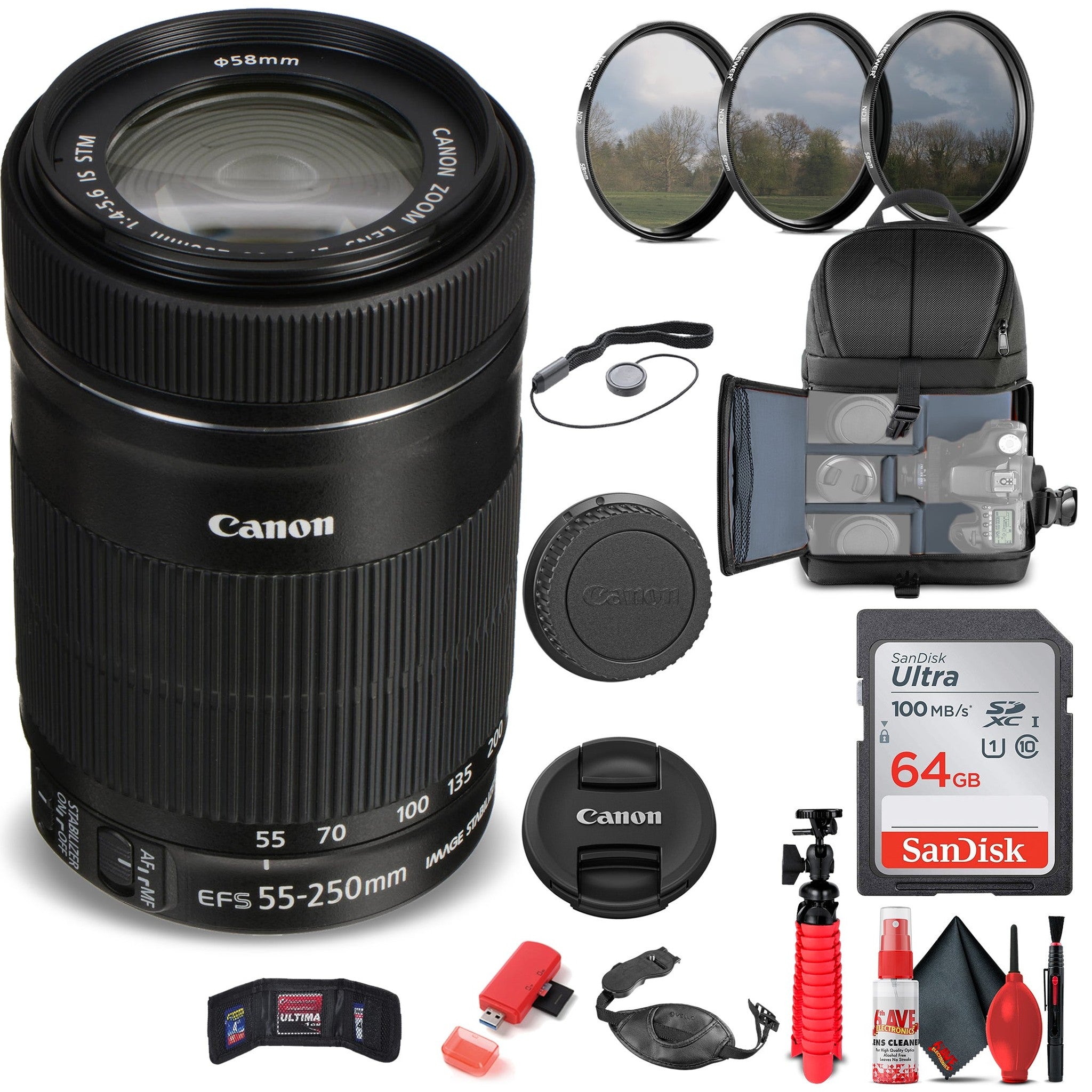 Canon EF-S 55-250mm f/4-5.6 IS STM Lens 8546B002 + Filter + BackPack + More Canon